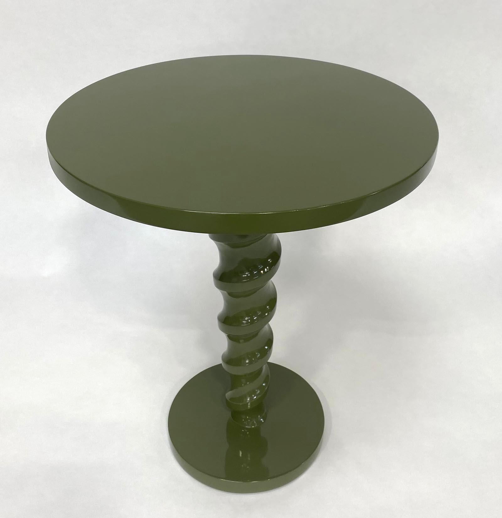 This custom Dos Gallos Studio screw table can be done in any size; cocktail table, side table, game table or dining table. Custom finishes include an array of wooden or painted lacquered finishes. Shown here as a side table, 22Dx26H in a green, high