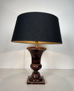 Lacquered Shell Marquetry and Brass Baluster Table Lamp. French Work. Circa 1970