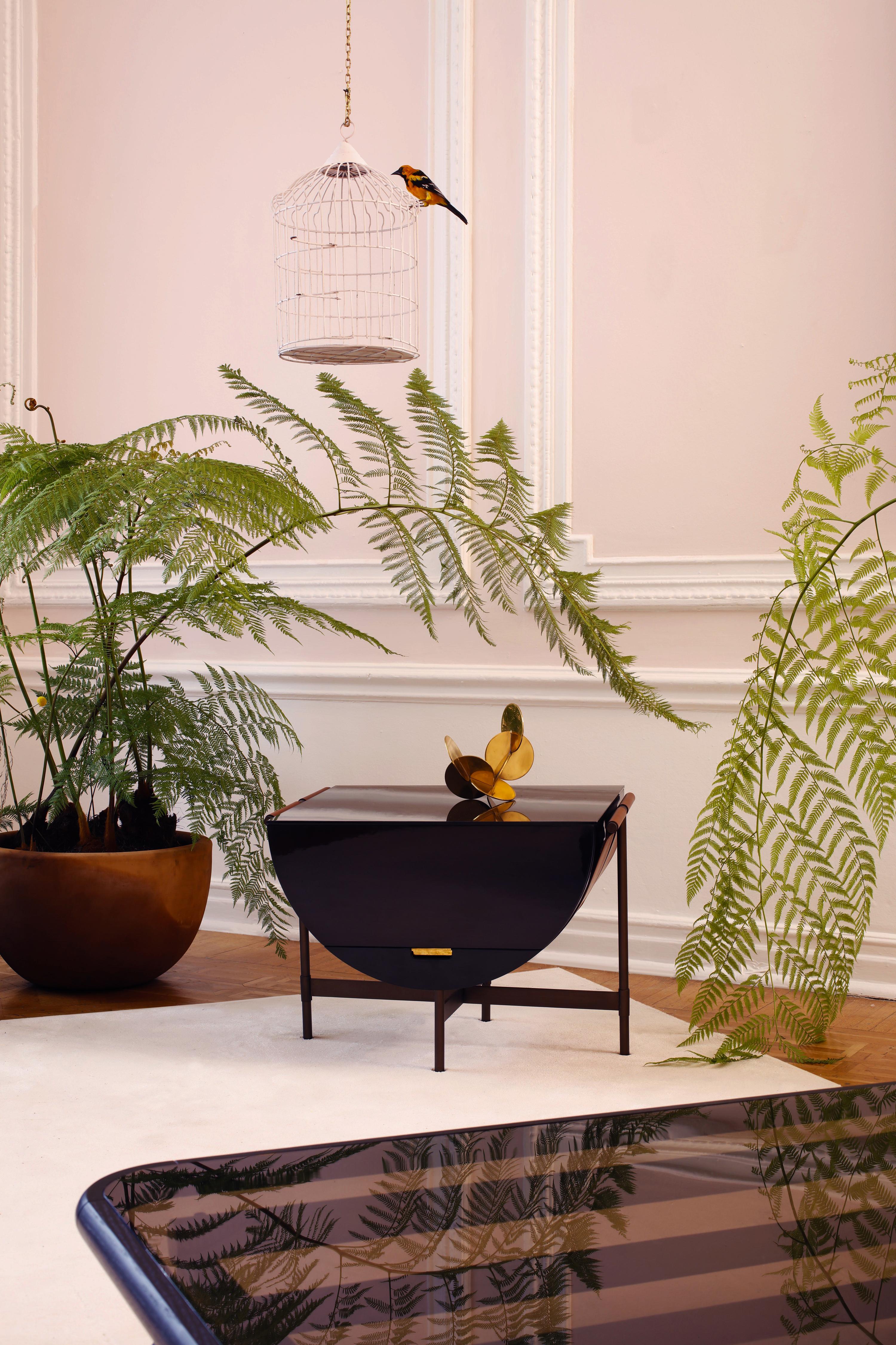 Machine-Made Lacquered Side Table with Leather and Patinated Steel by VIDIVIXI
