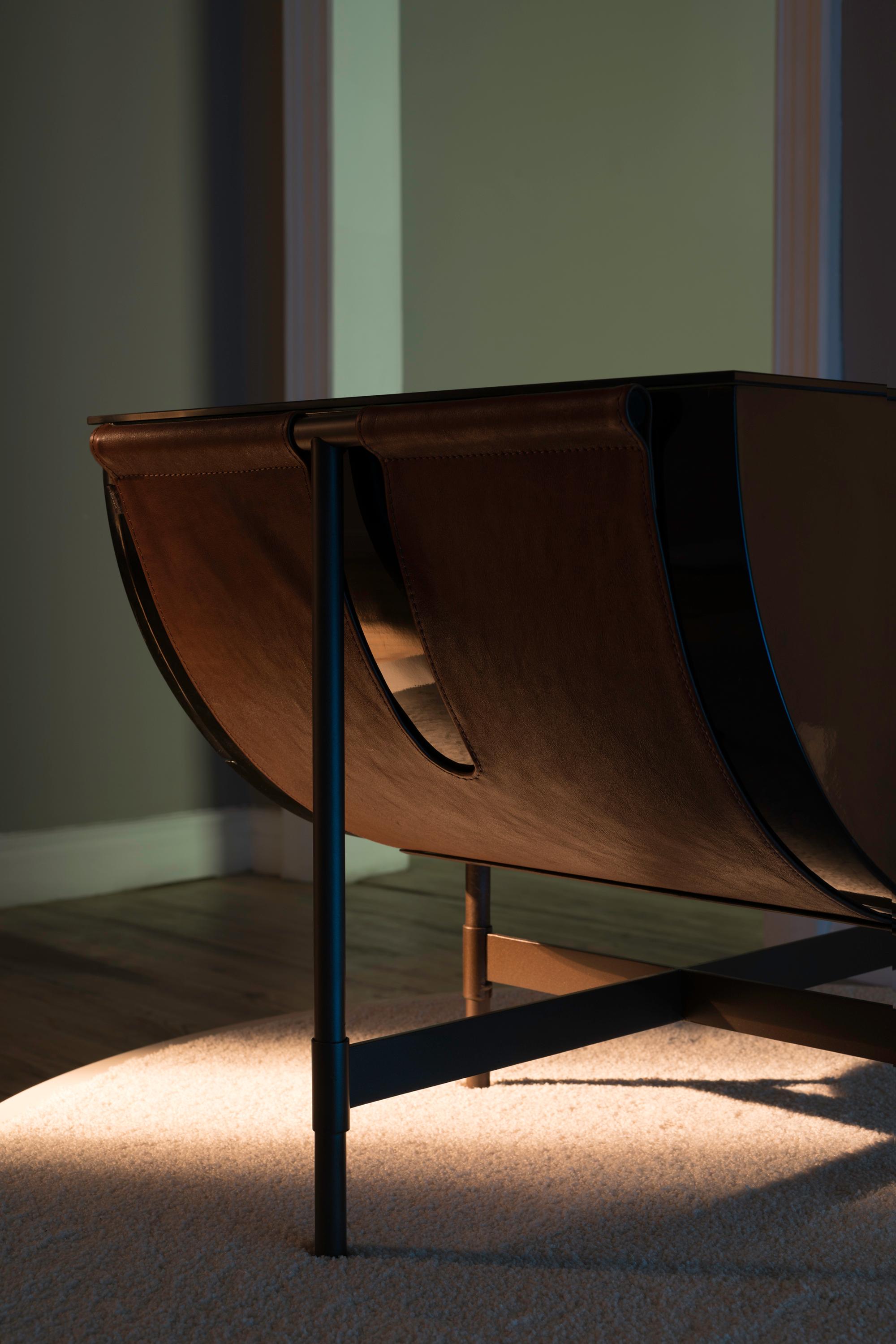 Brass Lacquered Side Table with Leather and Patinated Steel by VIDIVIXI