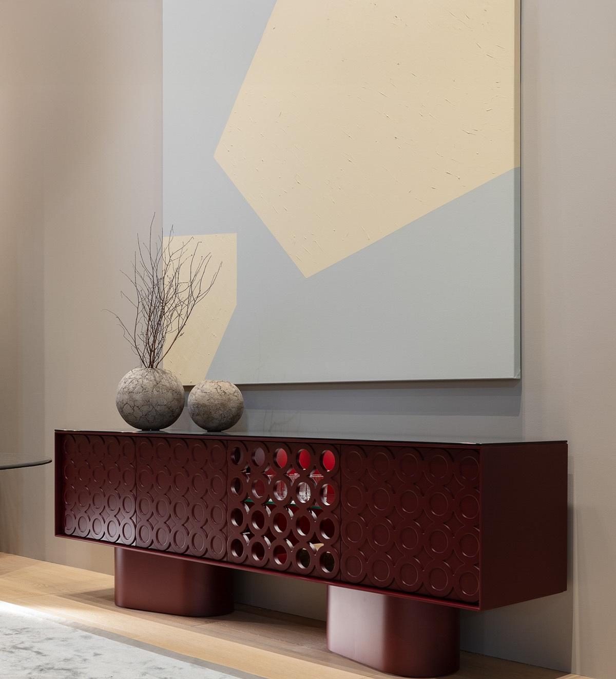 Lacquered Sideboard in Deep Bordeaux with Geometric Motifs-Sotiris Lazou Design For Sale 3