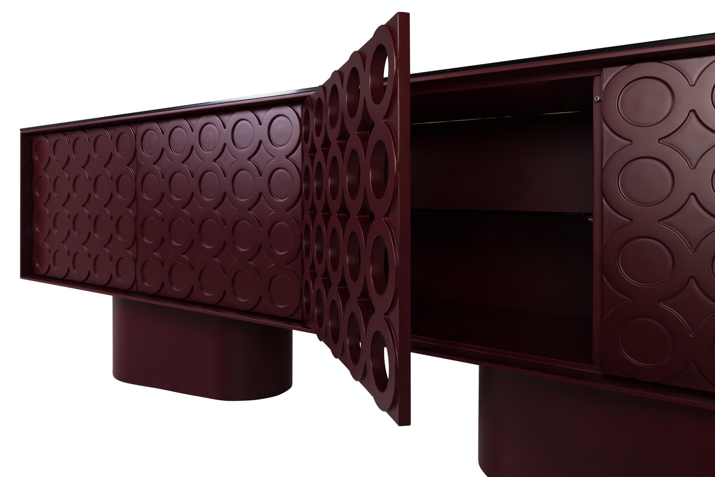 Lacquered Sideboard in Deep Bordeaux with Geometric Motifs-Sotiris Lazou Design For Sale 5