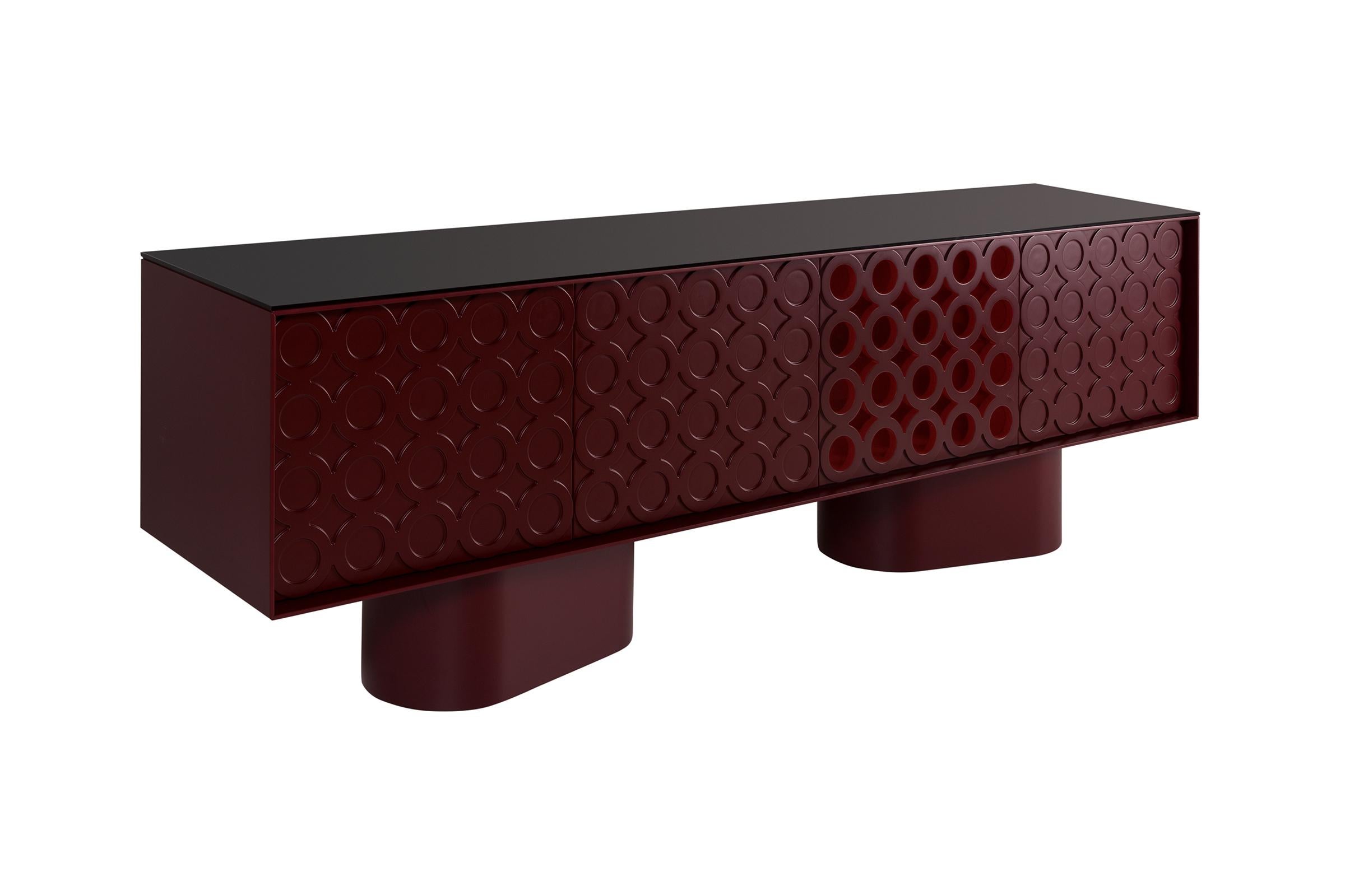 Modern Lacquered Sideboard in Military Green with Geometric Motifs-Sotiris Lazou Design For Sale