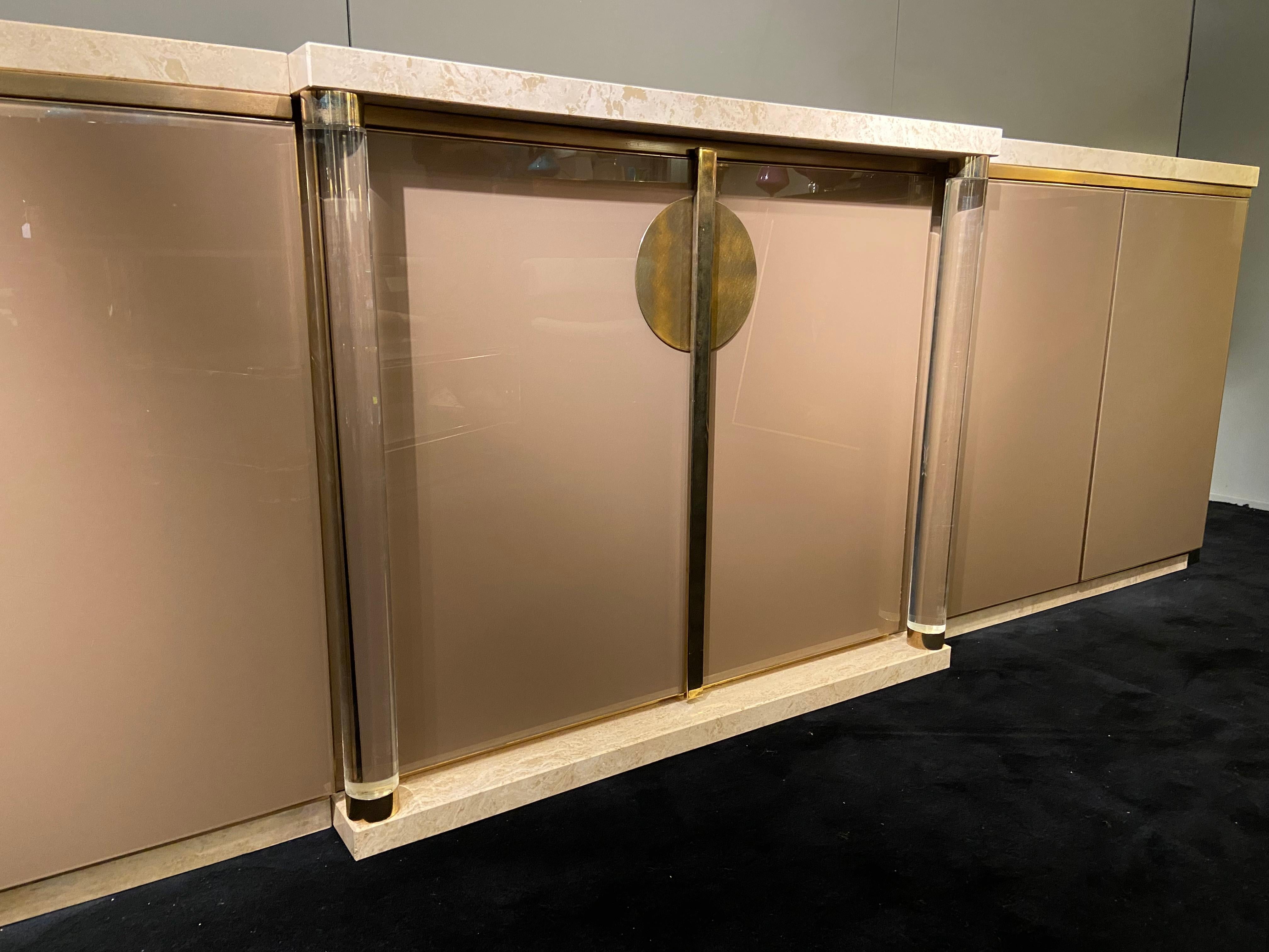 Mid-Century Modern Lacquered Sideboard, Travertine and Plexiglass, Belgo Chrom, 1970s For Sale