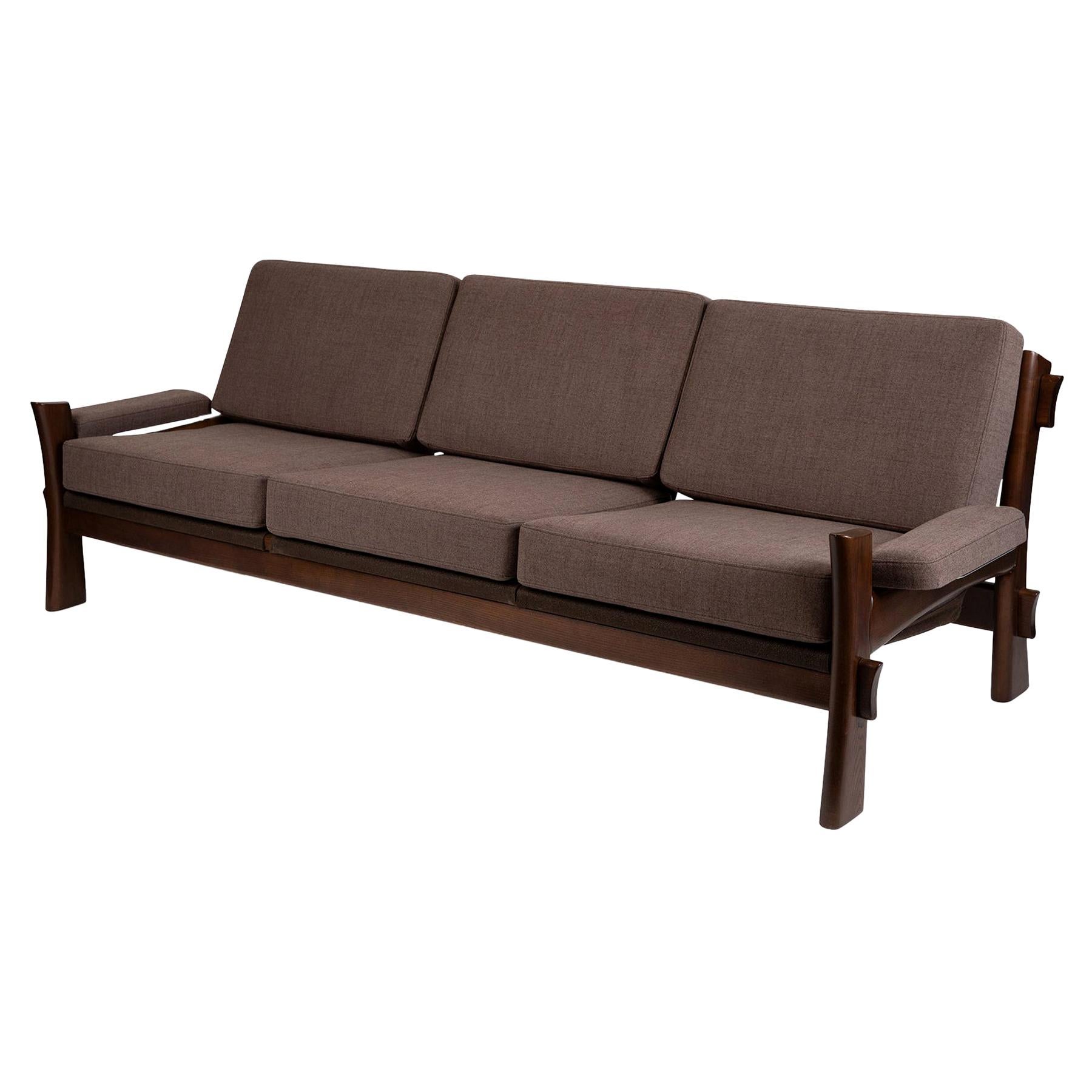 Lacquered Solid Oak & Grey Upholstered Danish Sofa