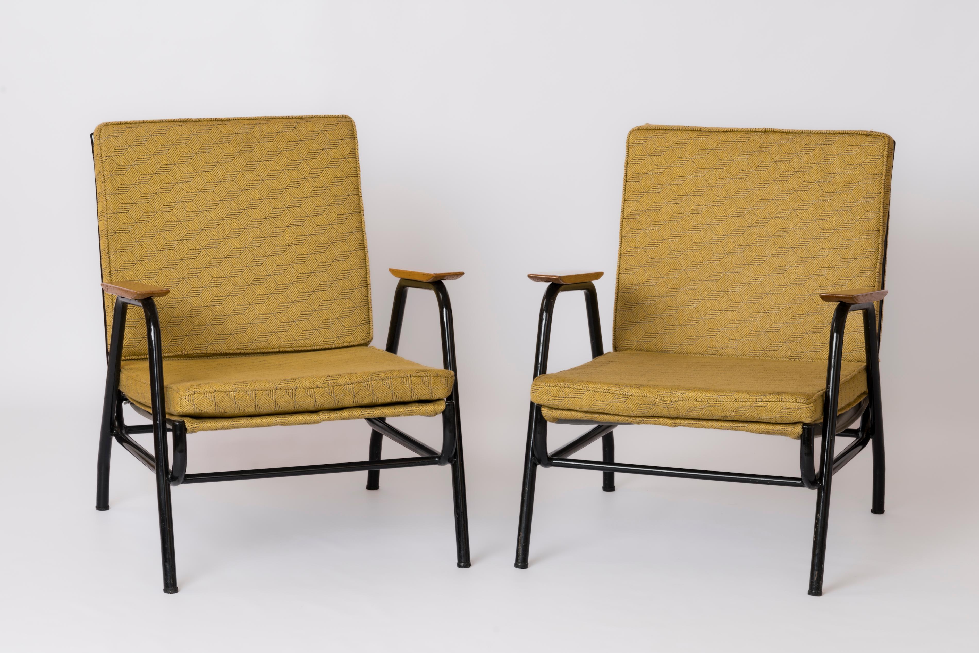 Lacquered Steel Modernist Armchairs by Jean Lesage - France 1950's In Fair Condition For Sale In New York, NY