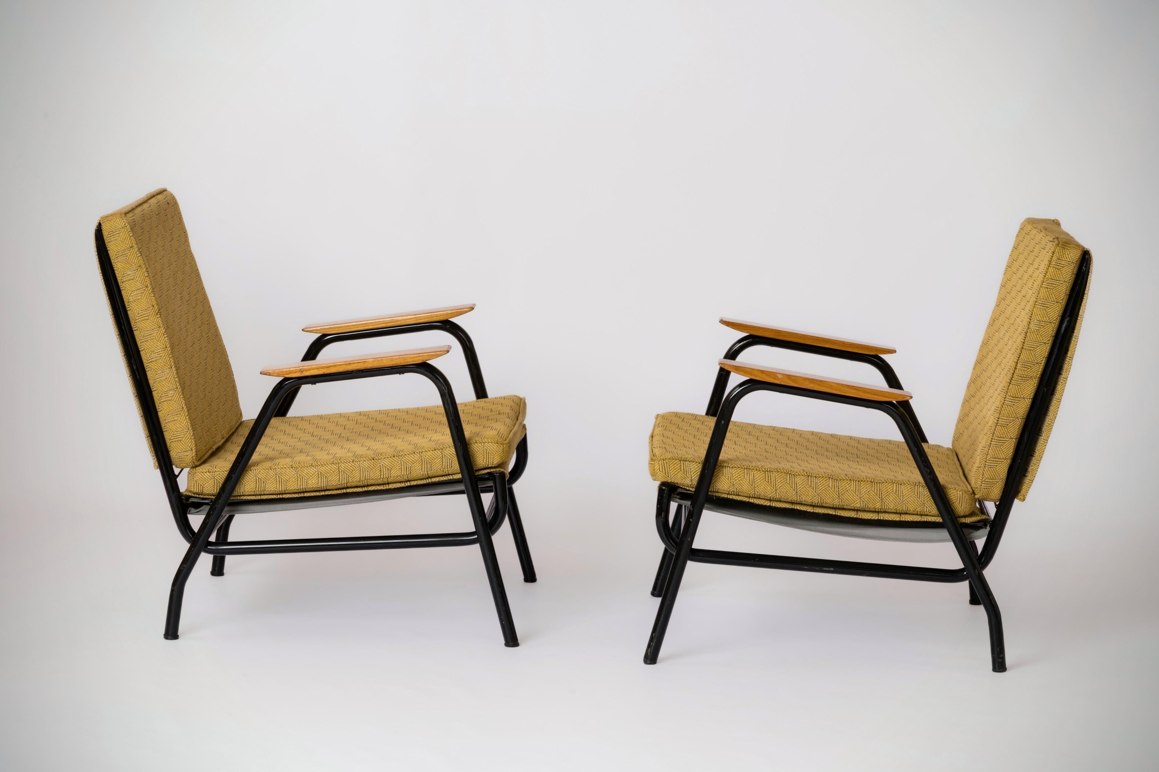 Lacquered Steel Modernist Armchairs by Jean Lesage - France 1950's For Sale 3