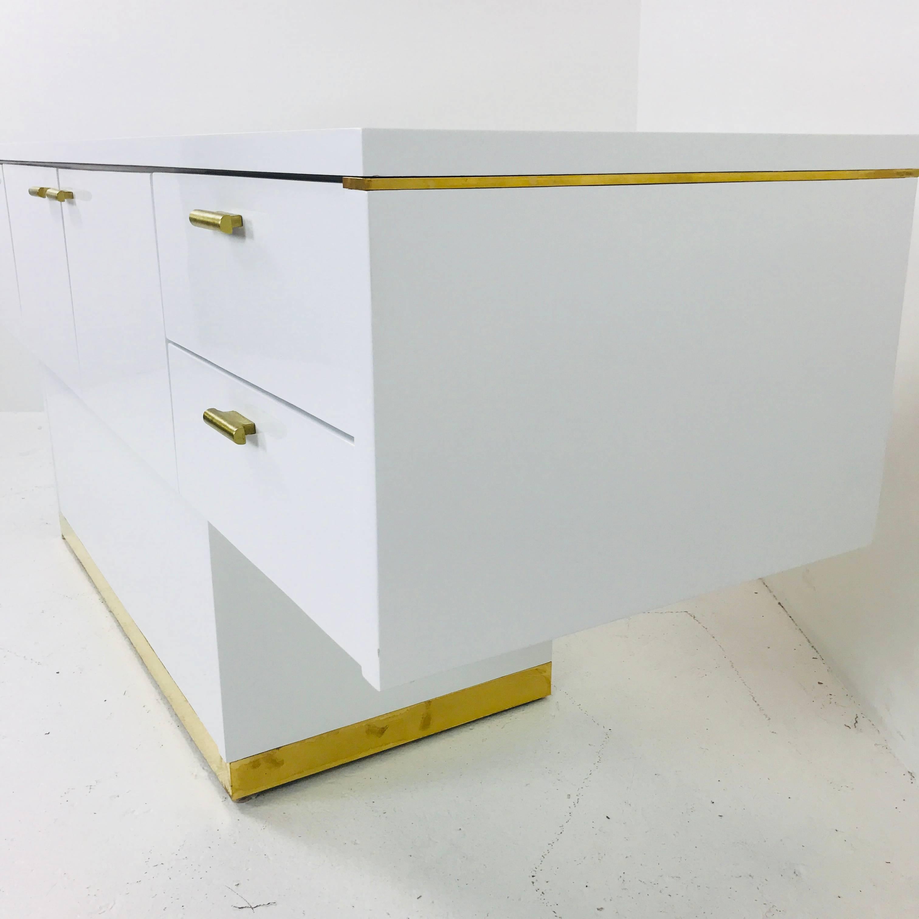 Contemporary Lacquered T-Console/Sideboard with Brass Accents