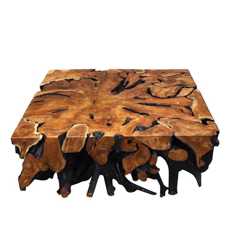 Lacquered Teak Root Square Coffee Table at 1stDibs