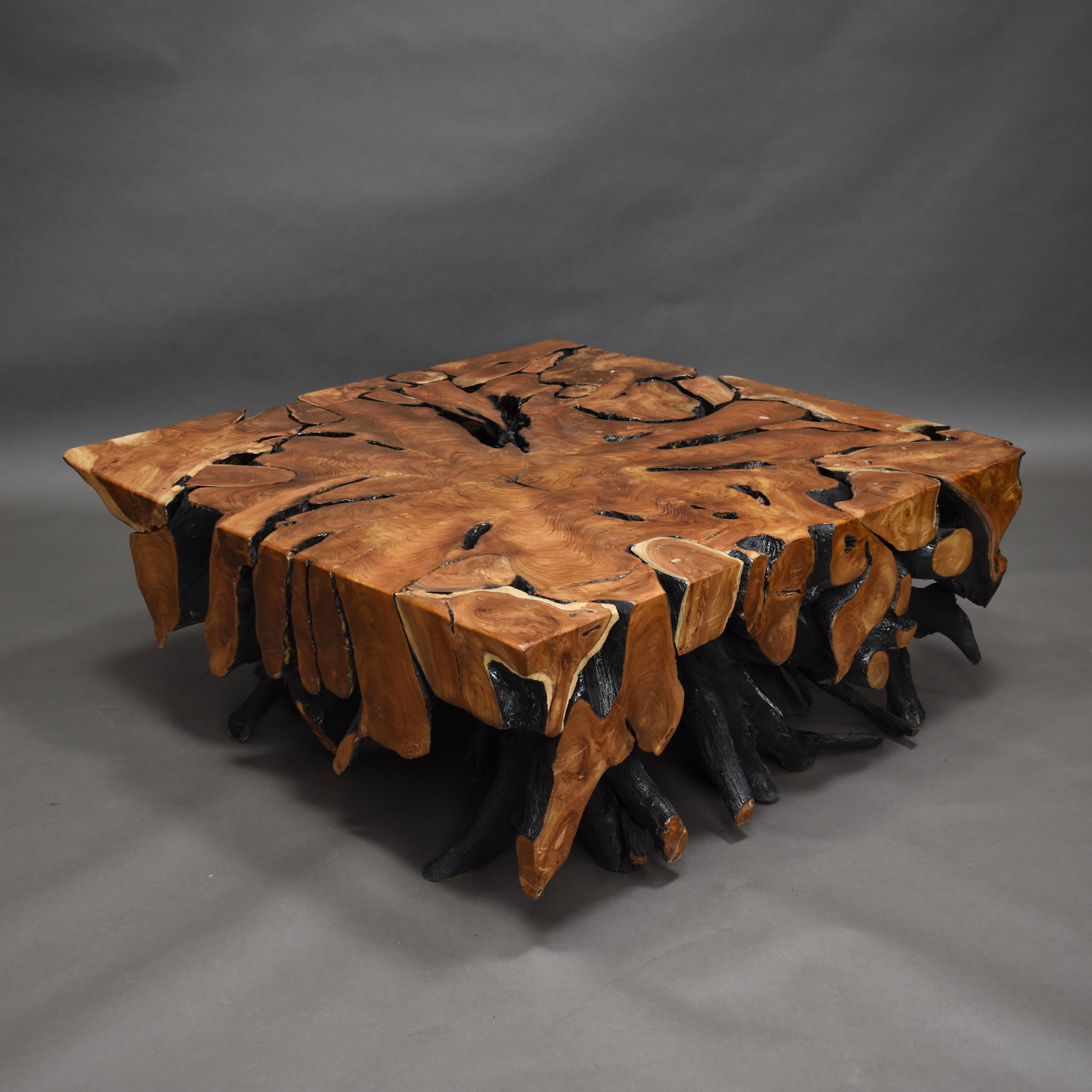 Lacquered Teak Root Square Coffee Table In Excellent Condition In Pijnacker, Zuid-Holland