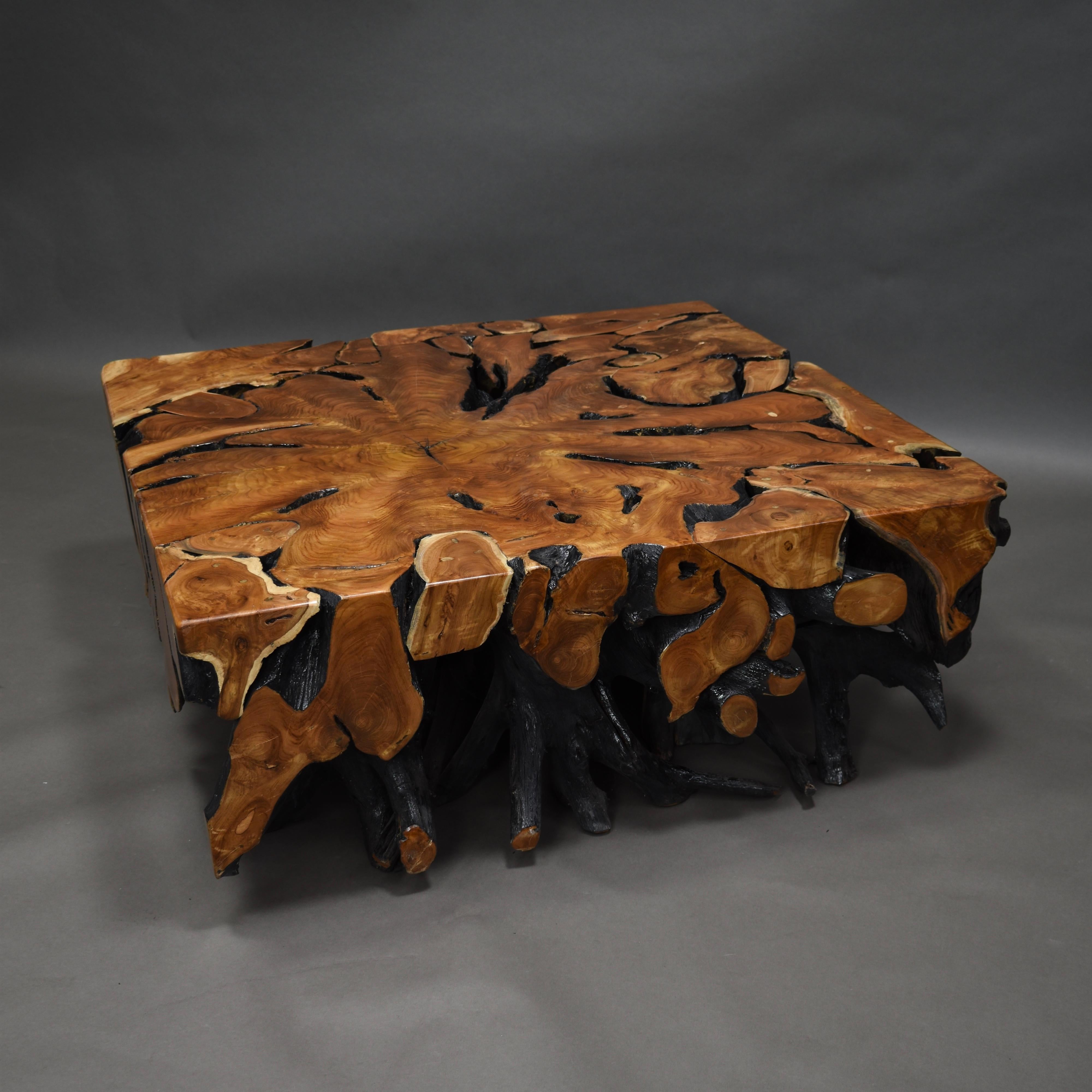 20th Century Lacquered Teak Root Square Coffee Table