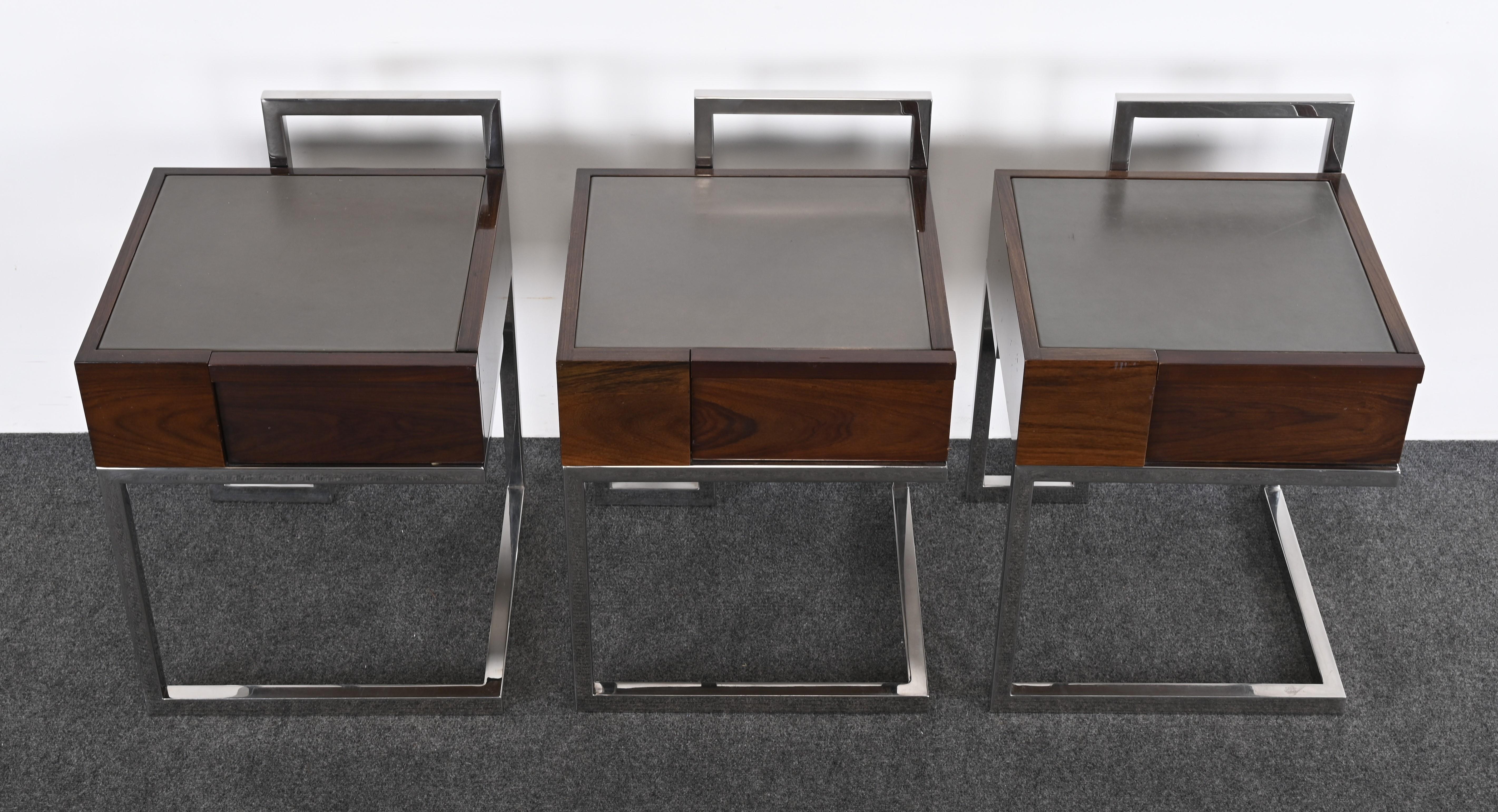Modern Lacquered Walnut and Stainless Steel End Tables by Vladimir Kagan for Gucci For Sale