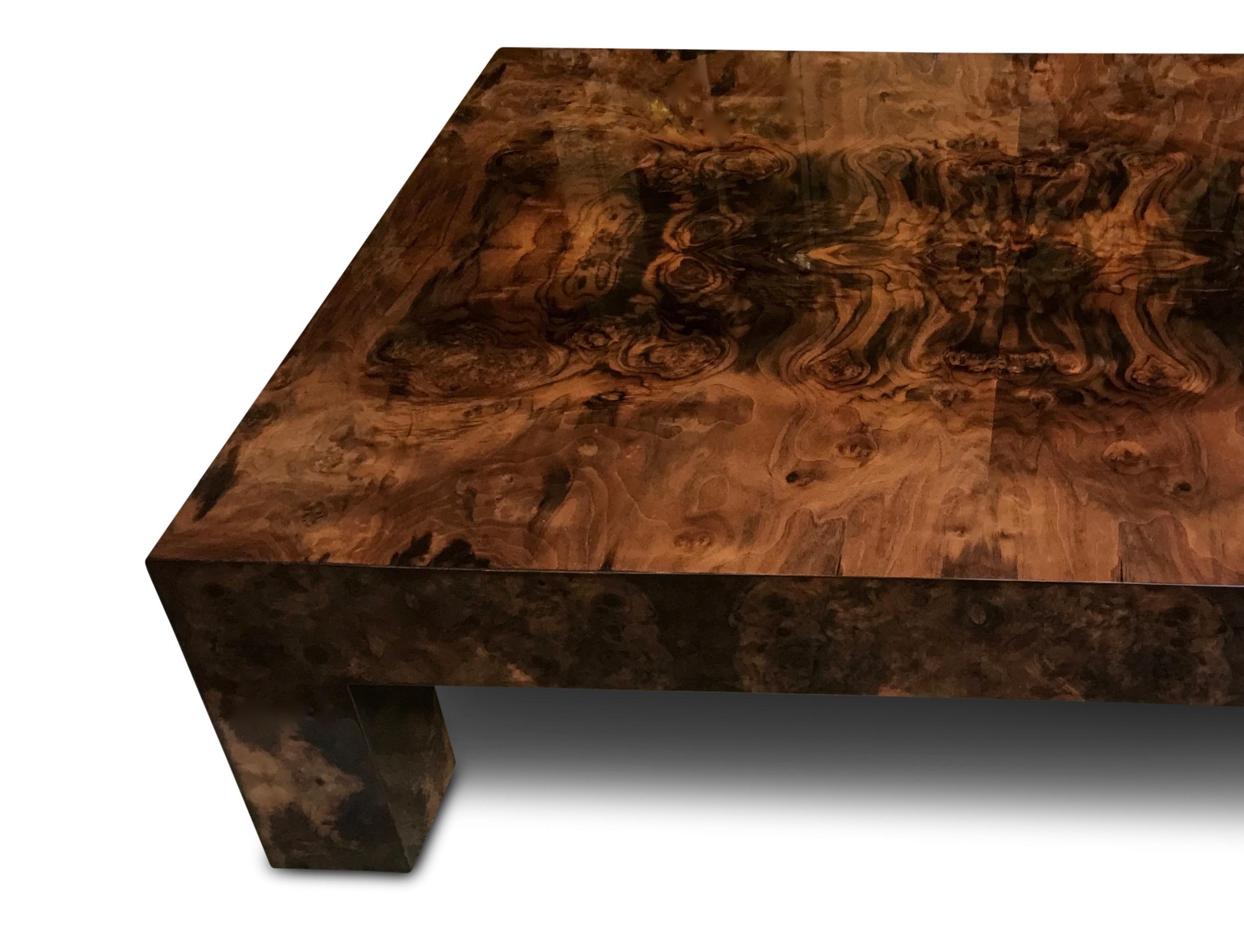 Wood Contemporary Modern Brown Lacquered Walnut Burl Rectangular Coffee Table For Sale