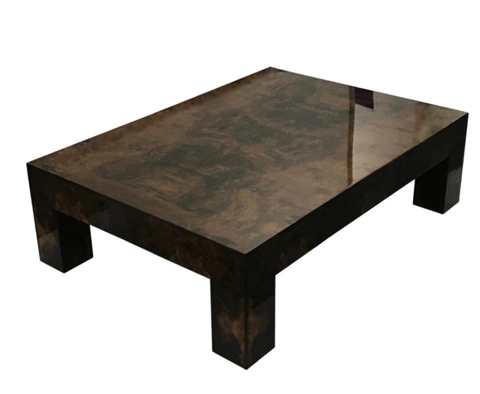 Contemporary Modern Brown Lacquered Walnut Burl Rectangular Coffee Table For Sale 1