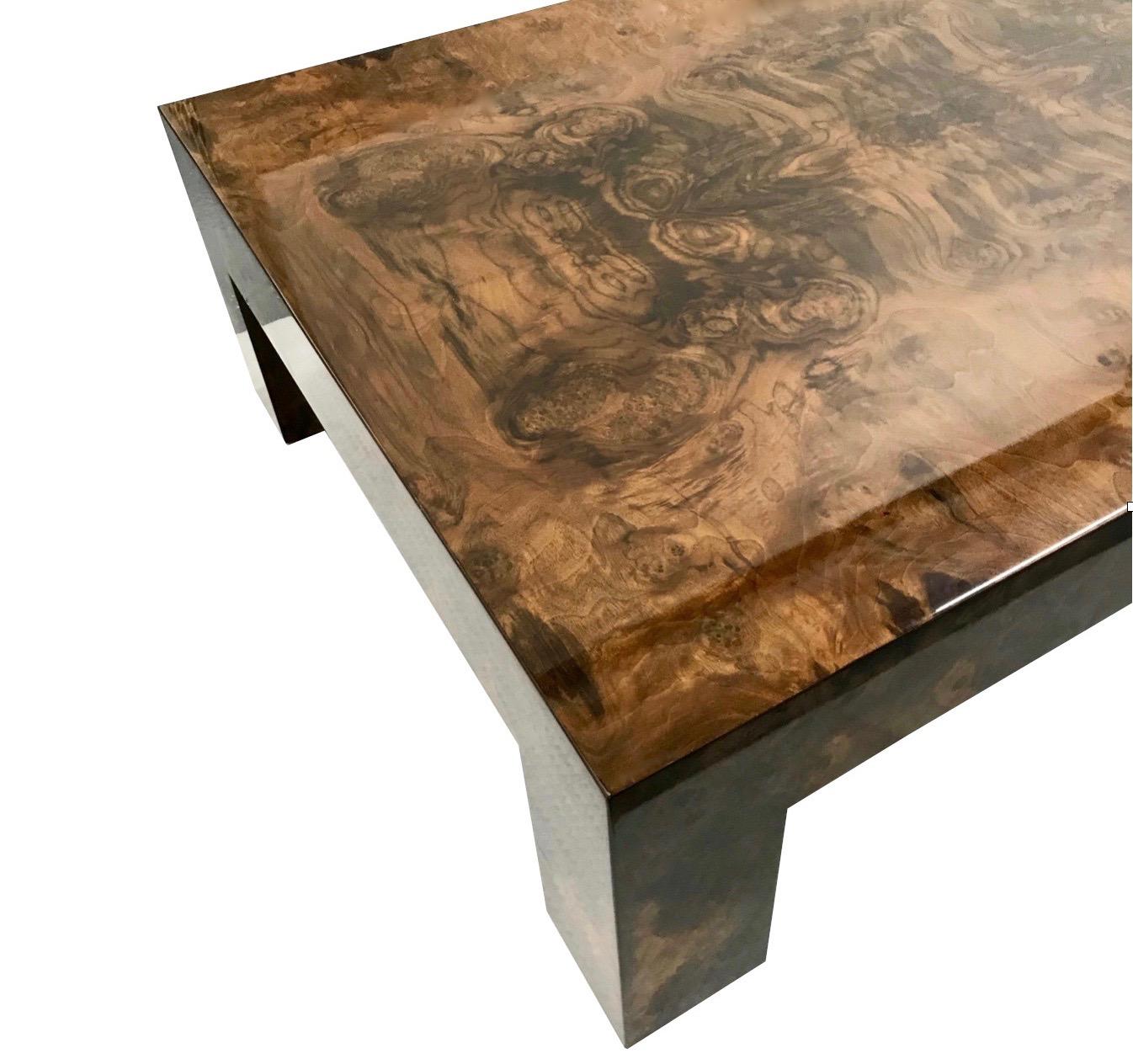 Contemporary Modern Brown Lacquered Walnut Burl Rectangular Coffee Table For Sale 2