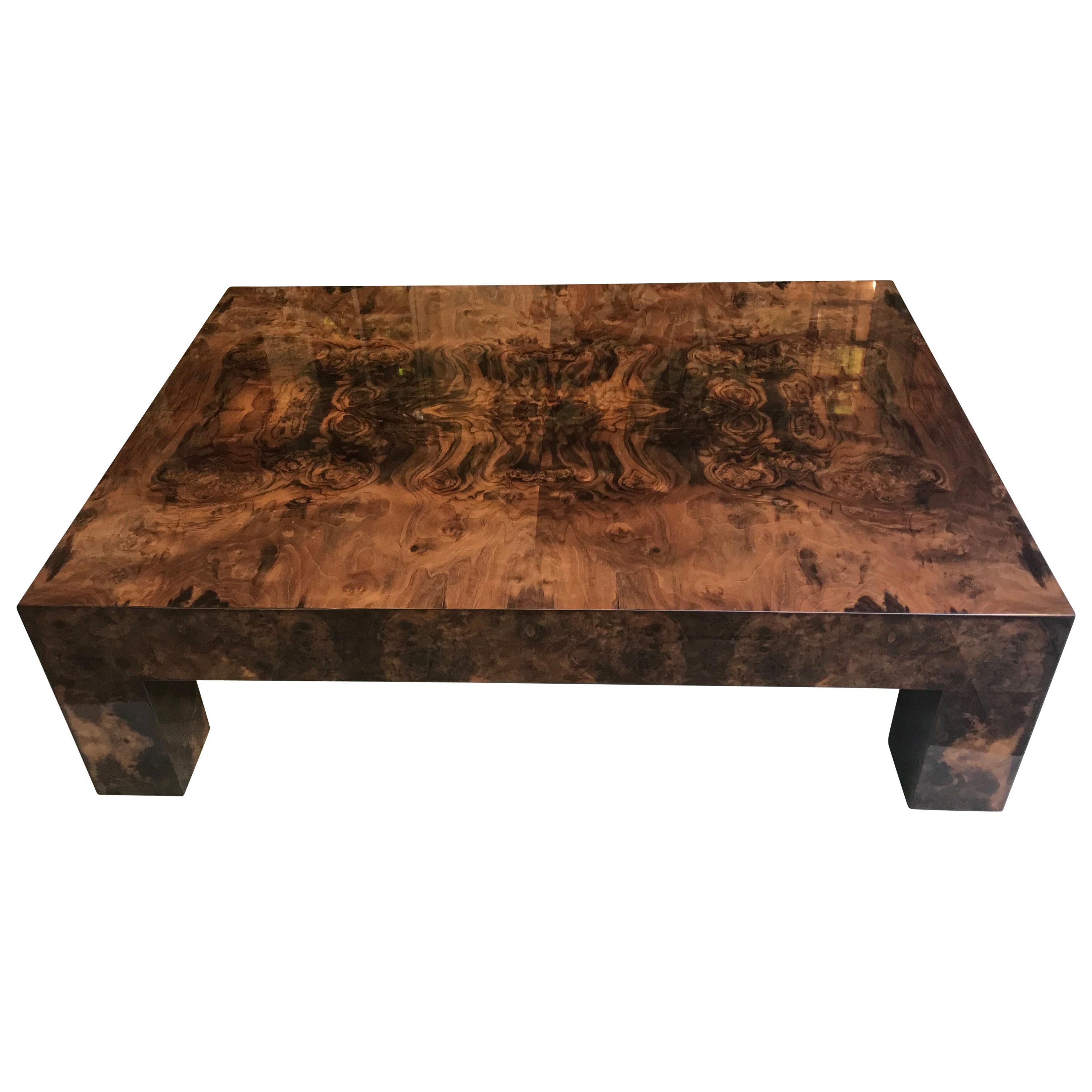 Contemporary Modern Brown Lacquered Walnut Burl Rectangular Coffee Table For Sale
