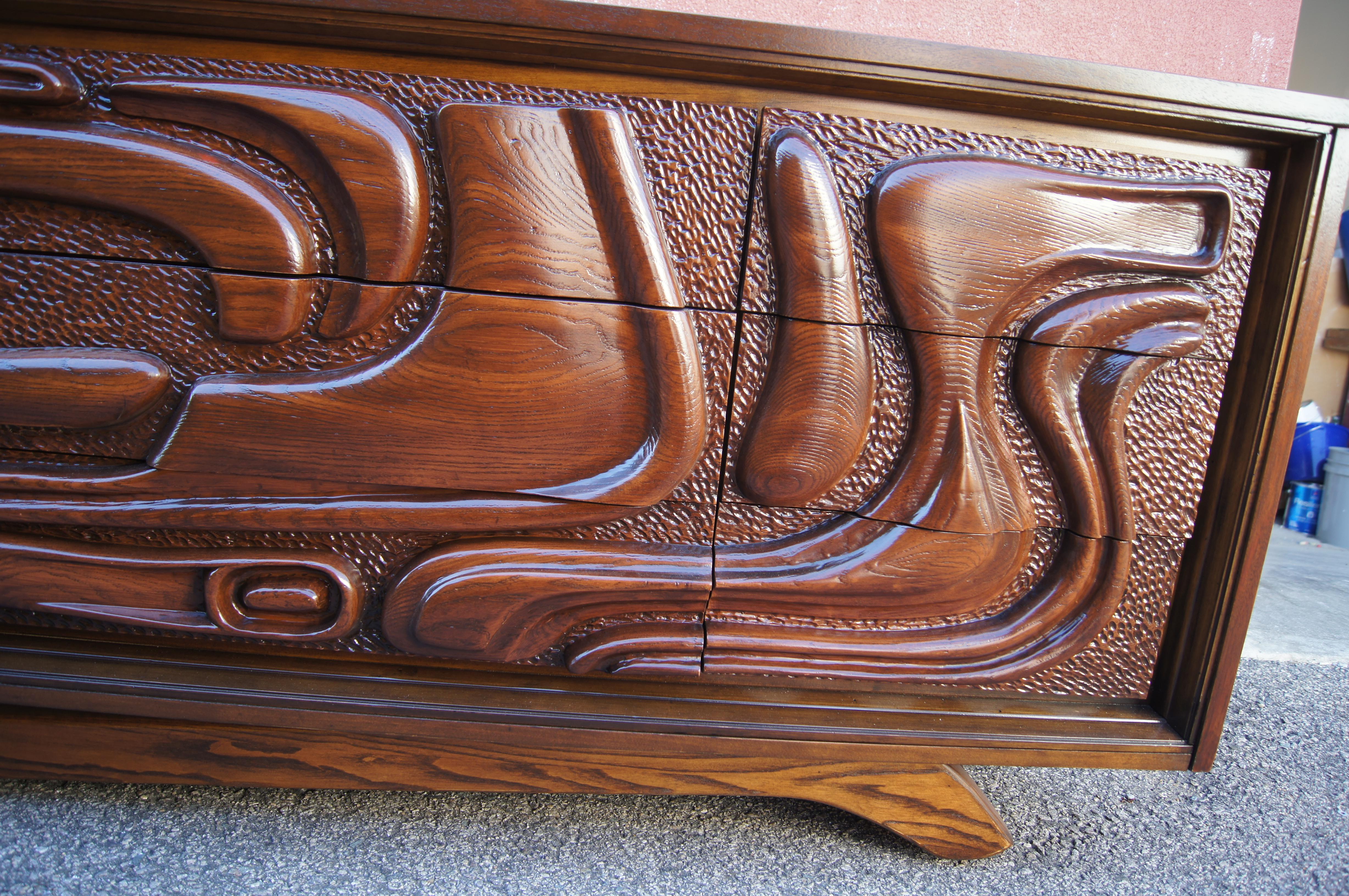 Mid-Century Modern Lacquered Walnut Oceanic Series Low Dresser by Pulaski Furniture