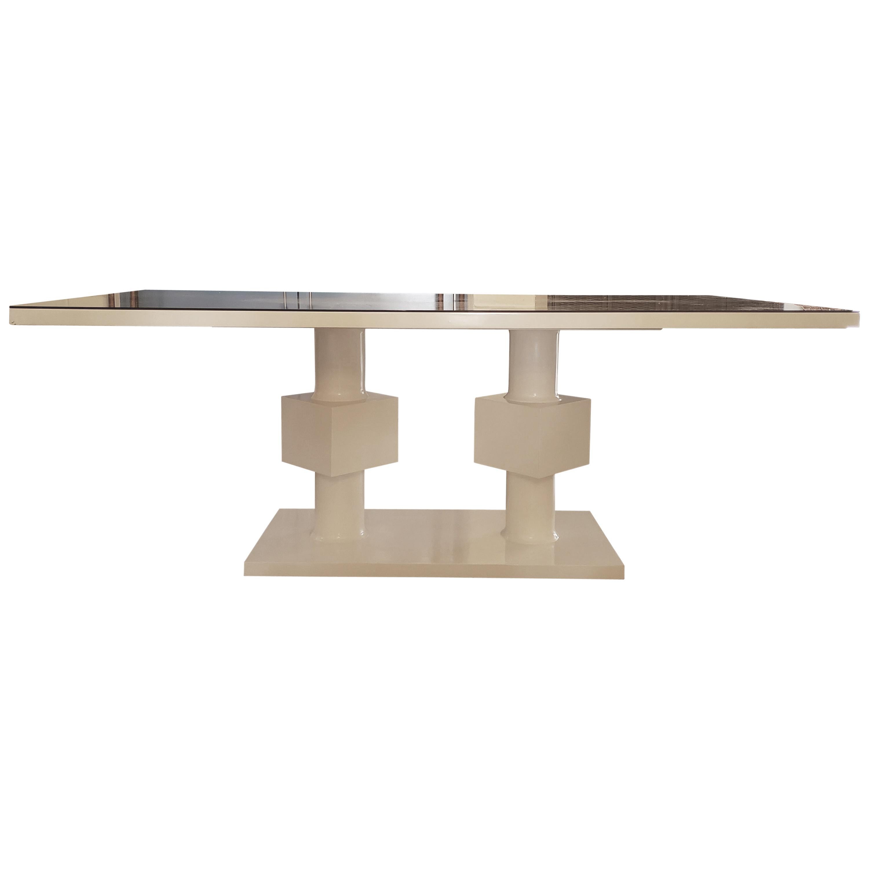 Lacquered White Pedestal Table With Bronze Glass Top For Sale