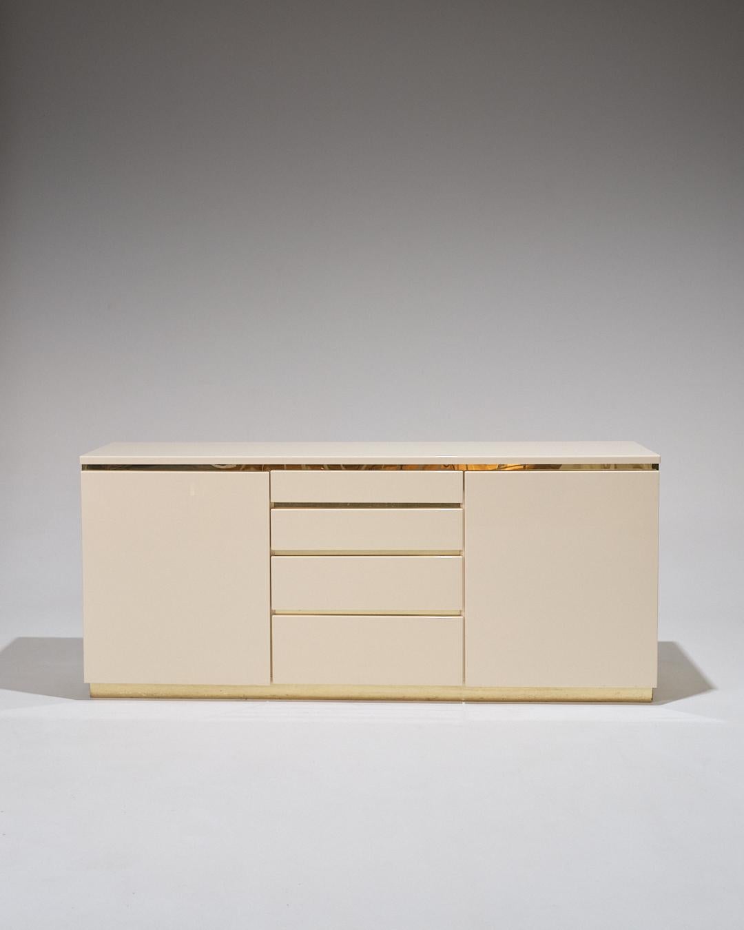 Mid-Century Modern Lacquered Wood and Brass Sideboard, 1970s For Sale