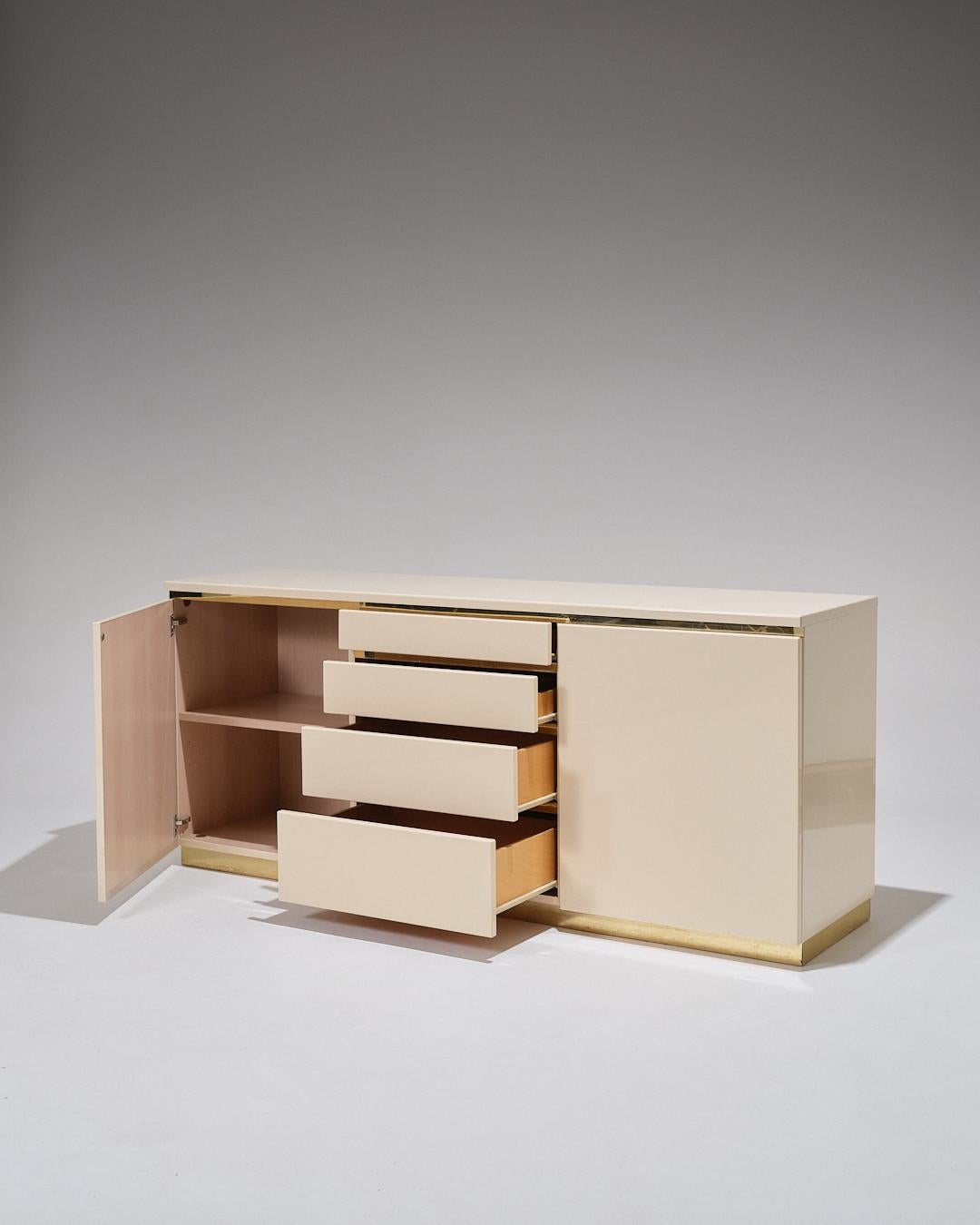 Unknown Lacquered Wood and Brass Sideboard, 1970s For Sale
