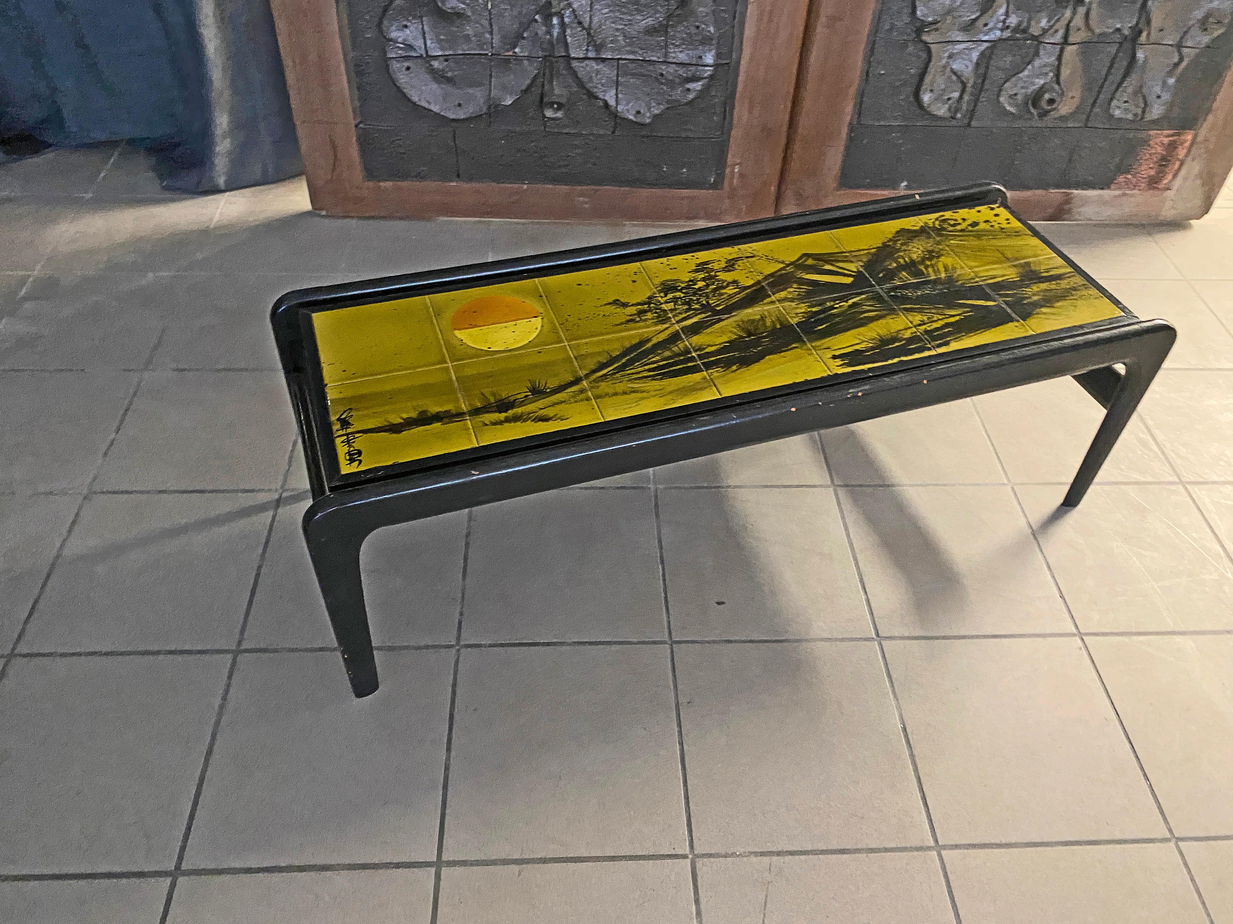 Mid-Century Modern Lacquered Wood Coffee Table and Ceramic Tiles, circa 1960 For Sale