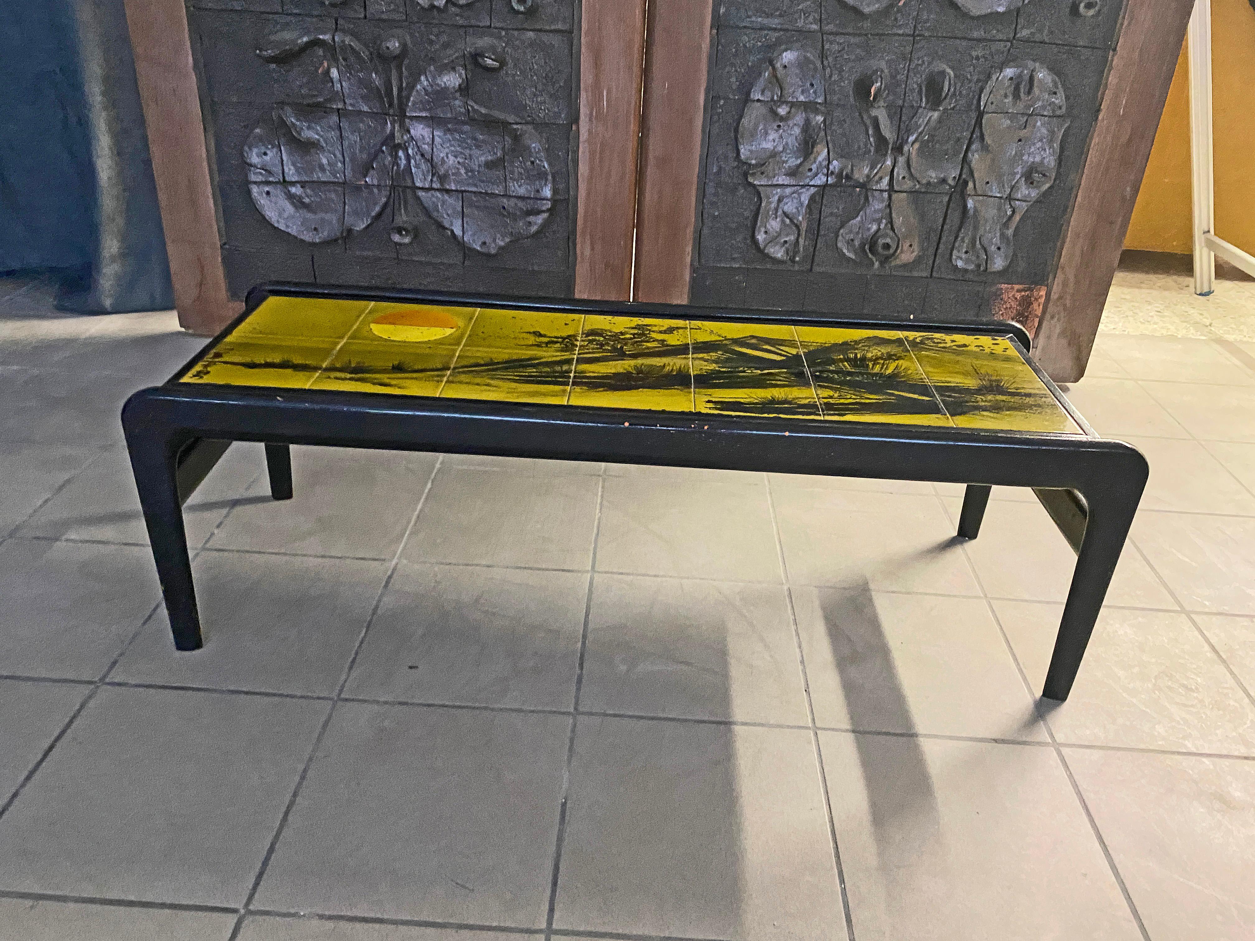 Blackened Lacquered Wood Coffee Table and Ceramic Tiles, circa 1960 For Sale