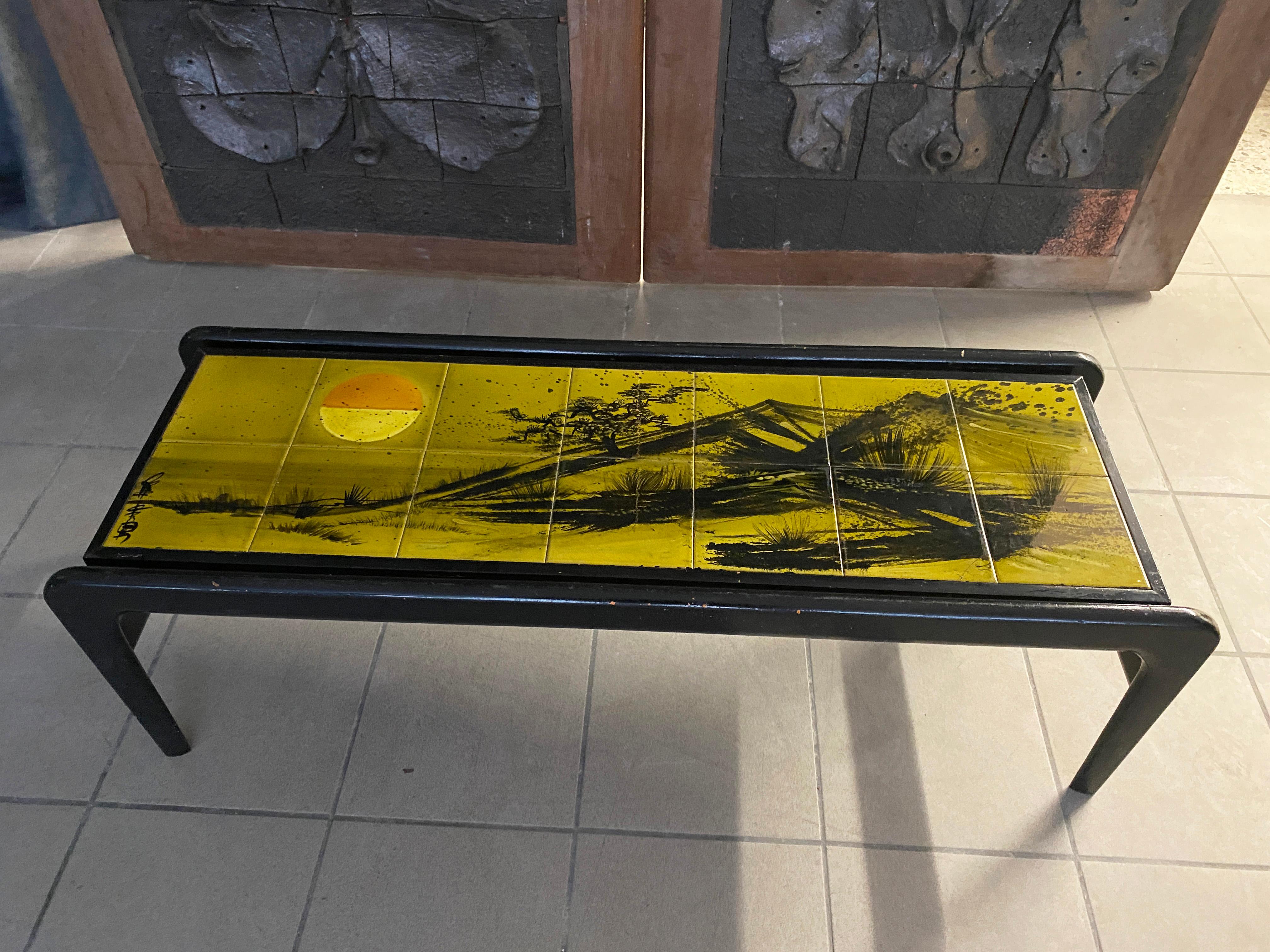 Mid-20th Century Lacquered Wood Coffee Table and Ceramic Tiles, circa 1960 For Sale