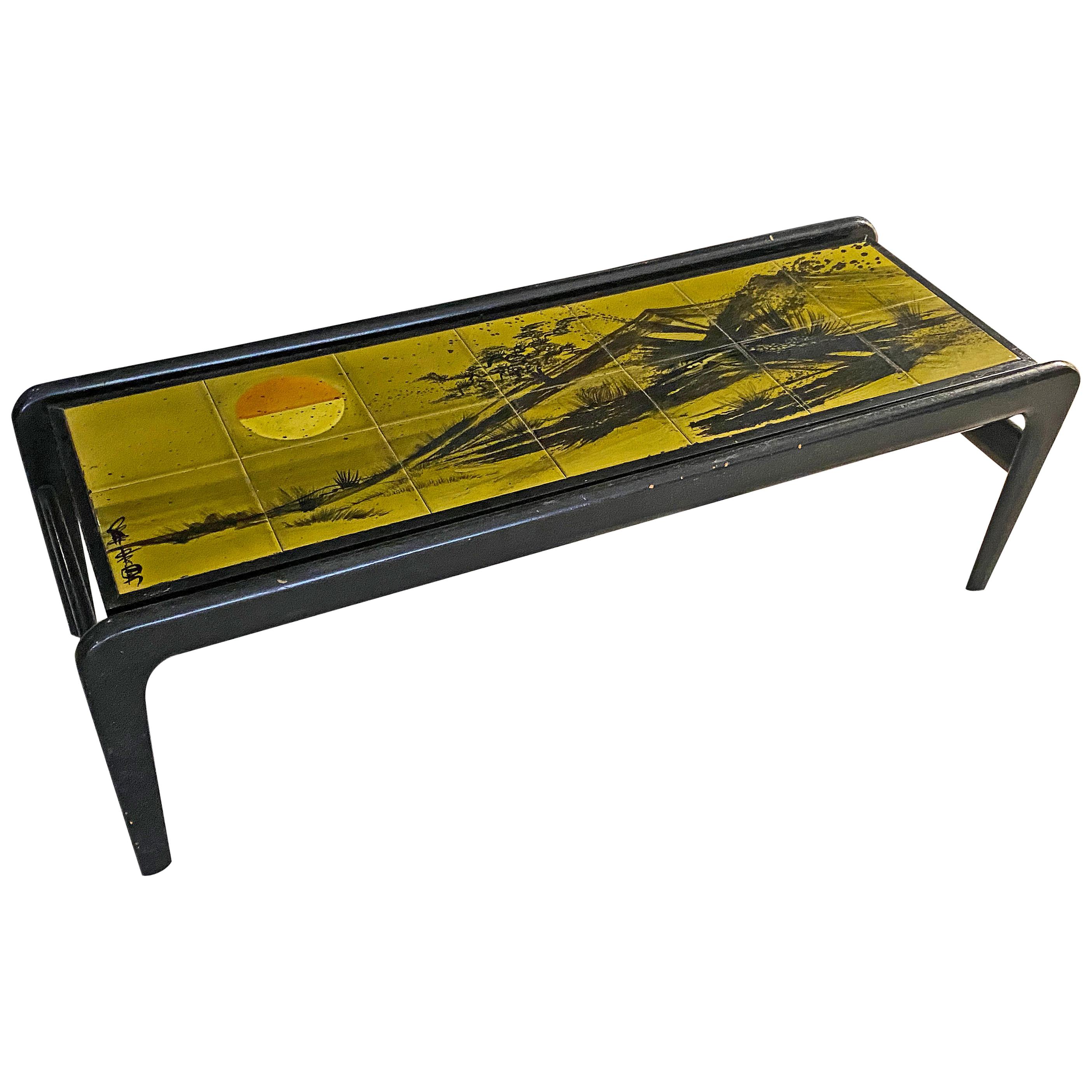 Lacquered Wood Coffee Table and Ceramic Tiles, circa 1960 For Sale