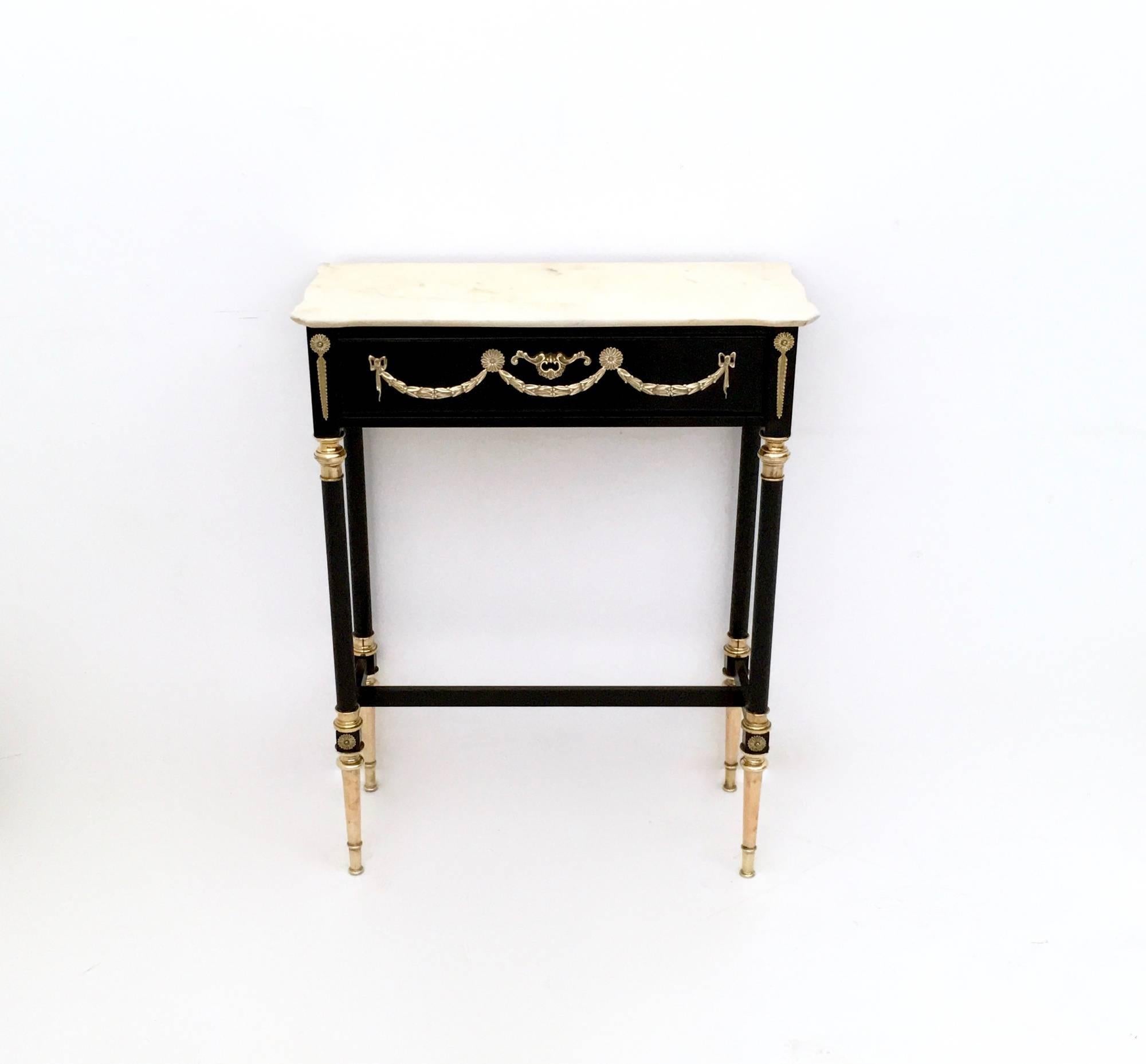 Varnished Lacquered Wood Console Table with Carrara Marble Top in Luigi XVI Style, 1950s