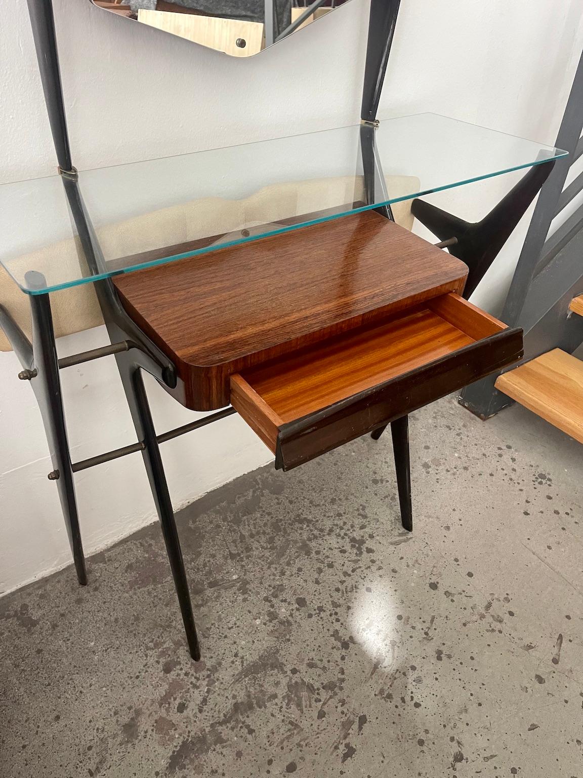 Mid-Century Modern Lacquered Wood Console Table with Glass Top and Mirror For Sale