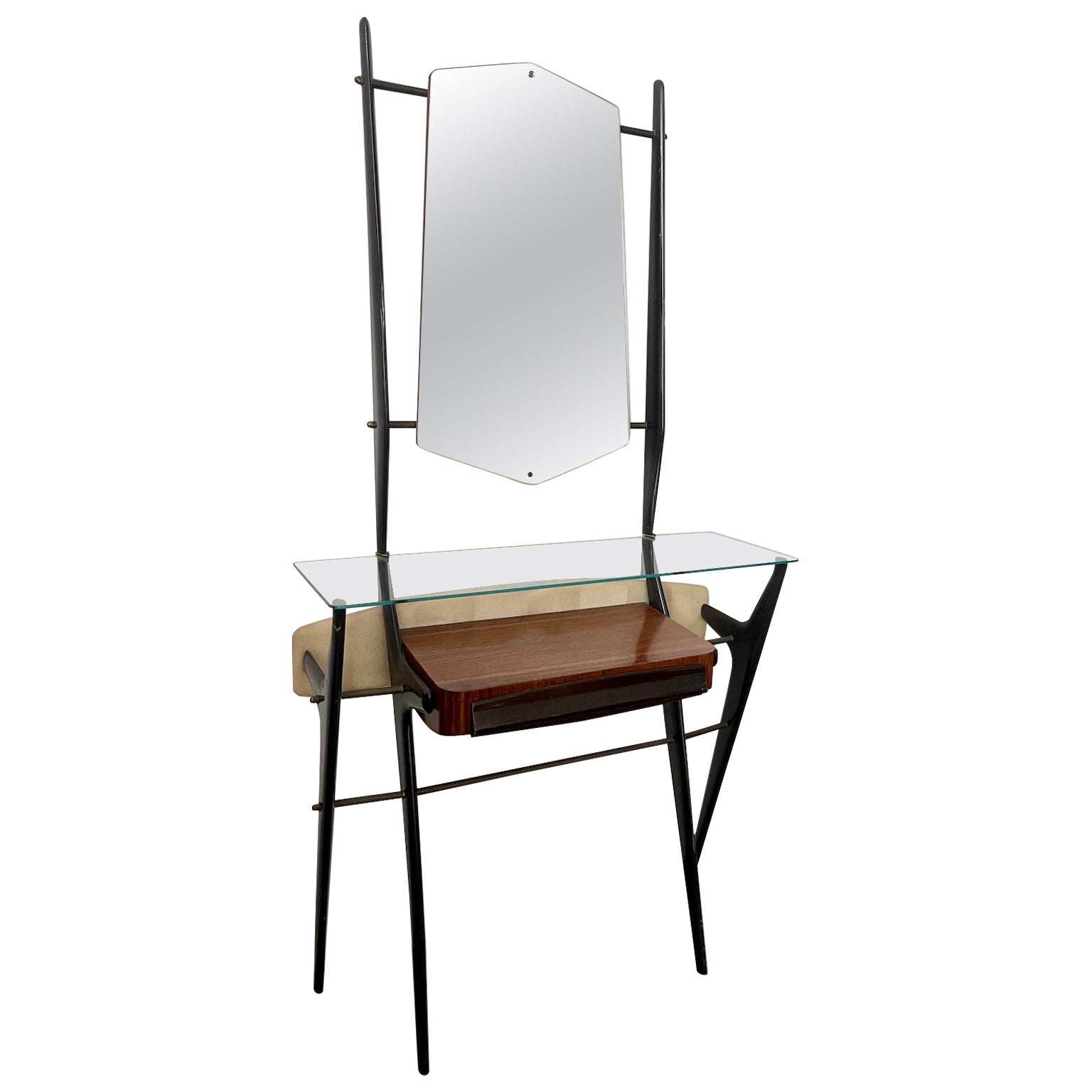 Lacquered Wood Console Table with Glass Top and Mirror