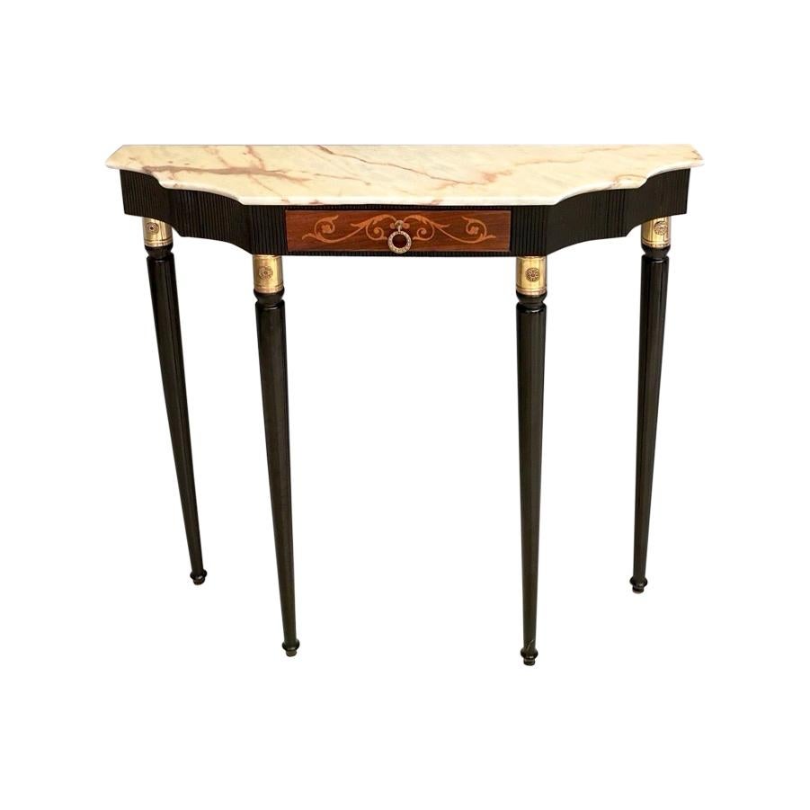 Lacquered Wood Console Table with Portuguese Pink Marble Top, Italy, 1950s