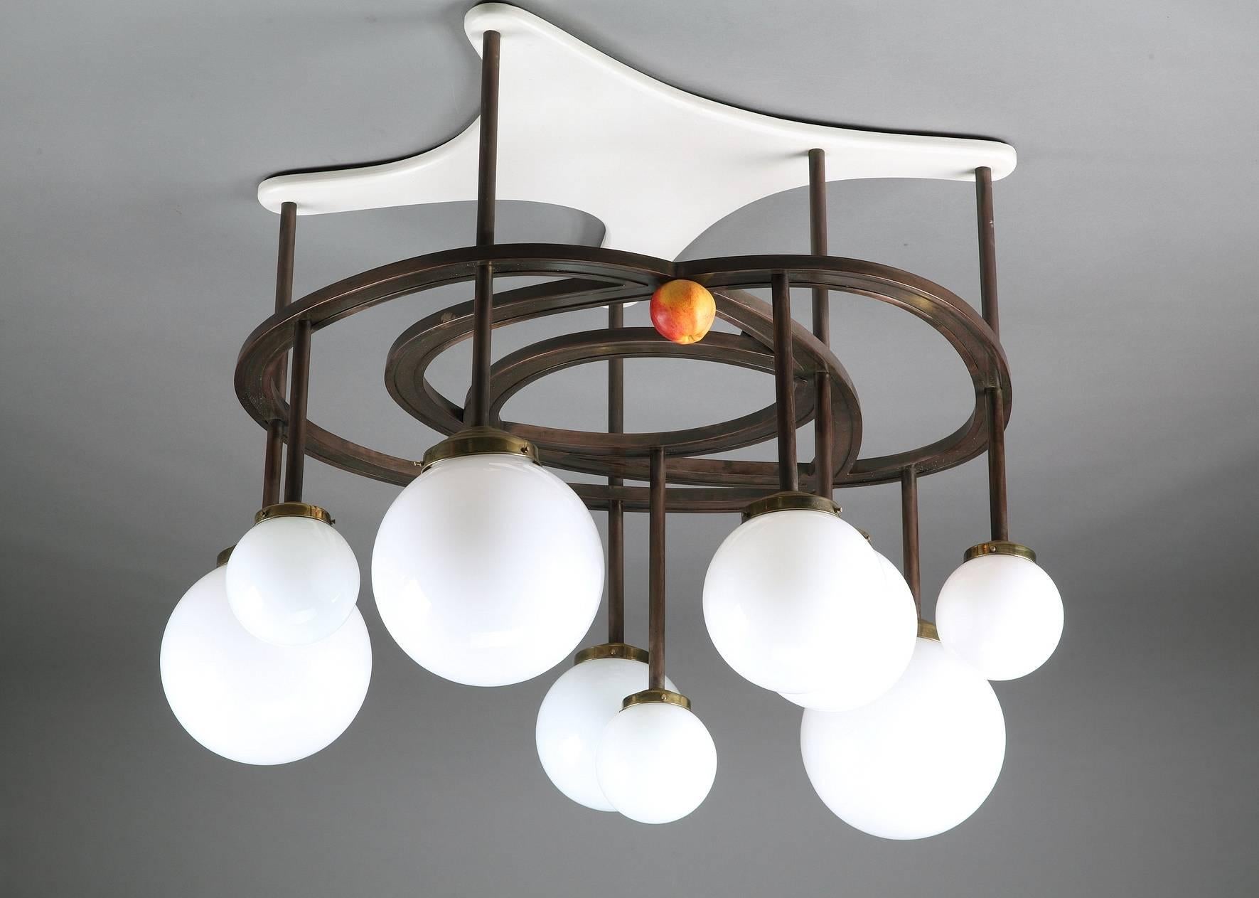 Lacquered Wood, Copper and Opaline Chandelier by Yves Faucheur For Sale 4