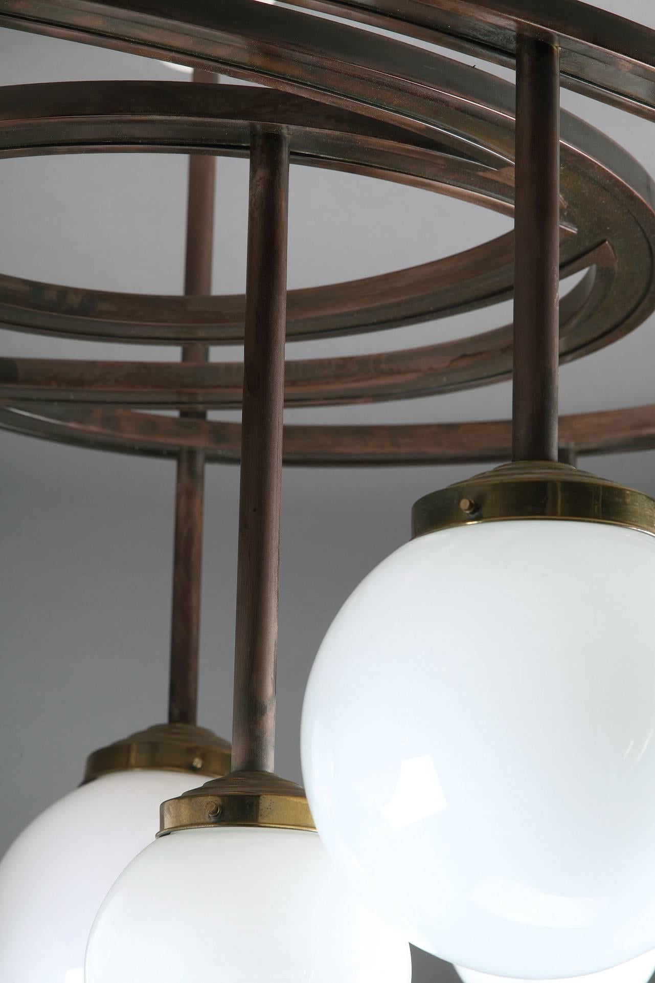 Lacquered Wood, Copper and Opaline Chandelier by Yves Faucheur In Good Condition For Sale In Paris, FR