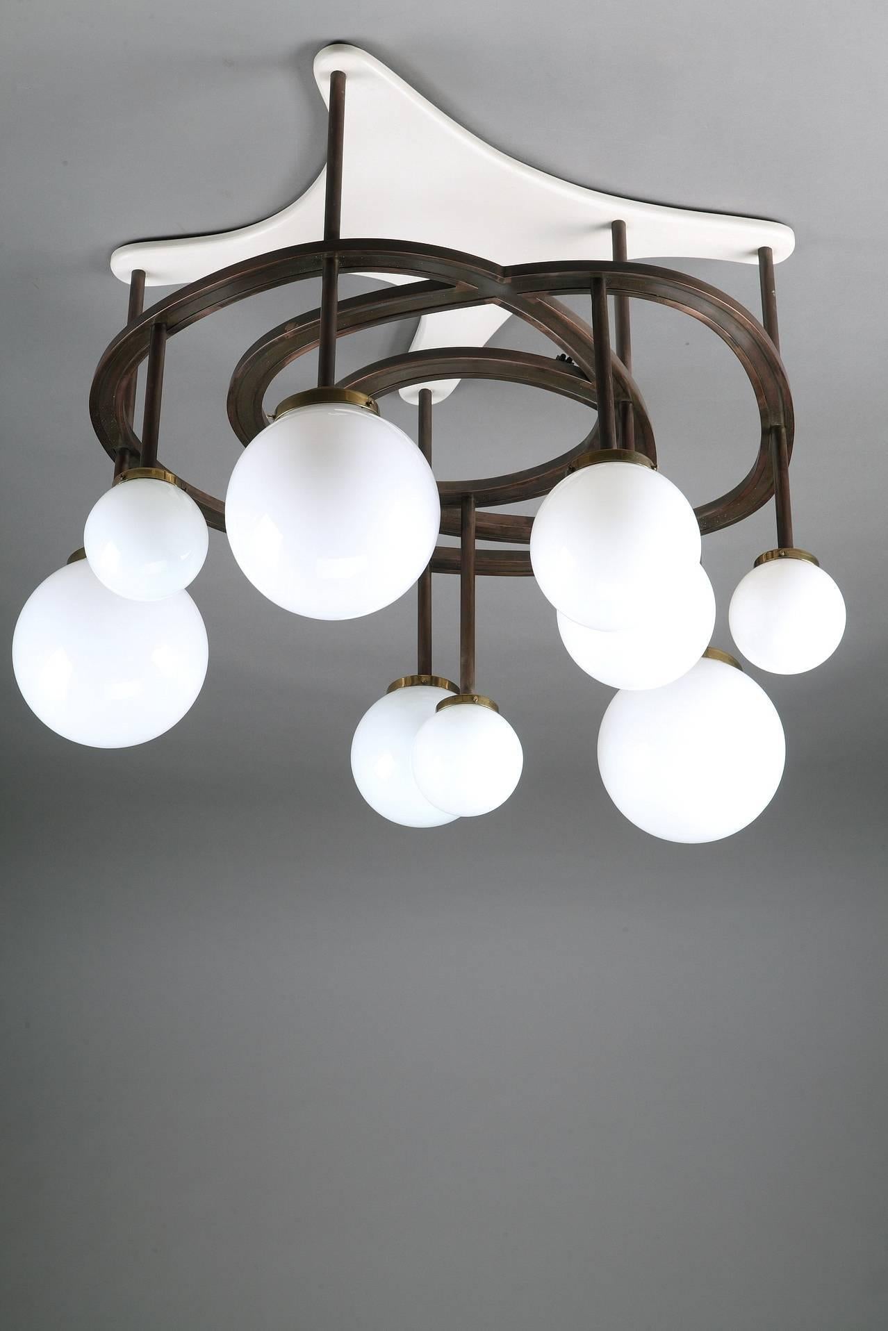 Lacquered Wood, Copper and Opaline Chandelier by Yves Faucheur For Sale 1
