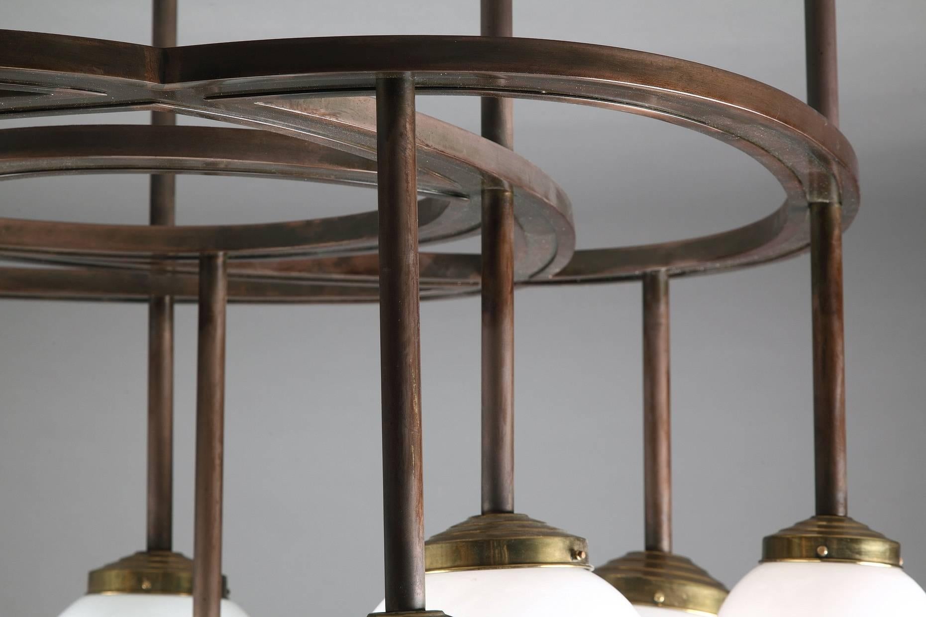 Lacquered Wood, Copper and Opaline Chandelier by Yves Faucheur For Sale 3