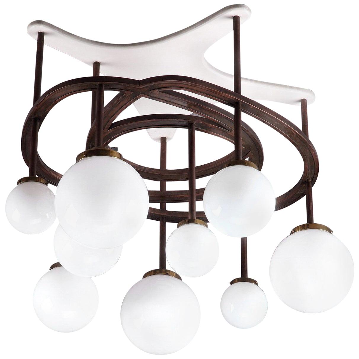 Lacquered Wood, Copper and Opaline Chandelier by Yves Faucheur For Sale
