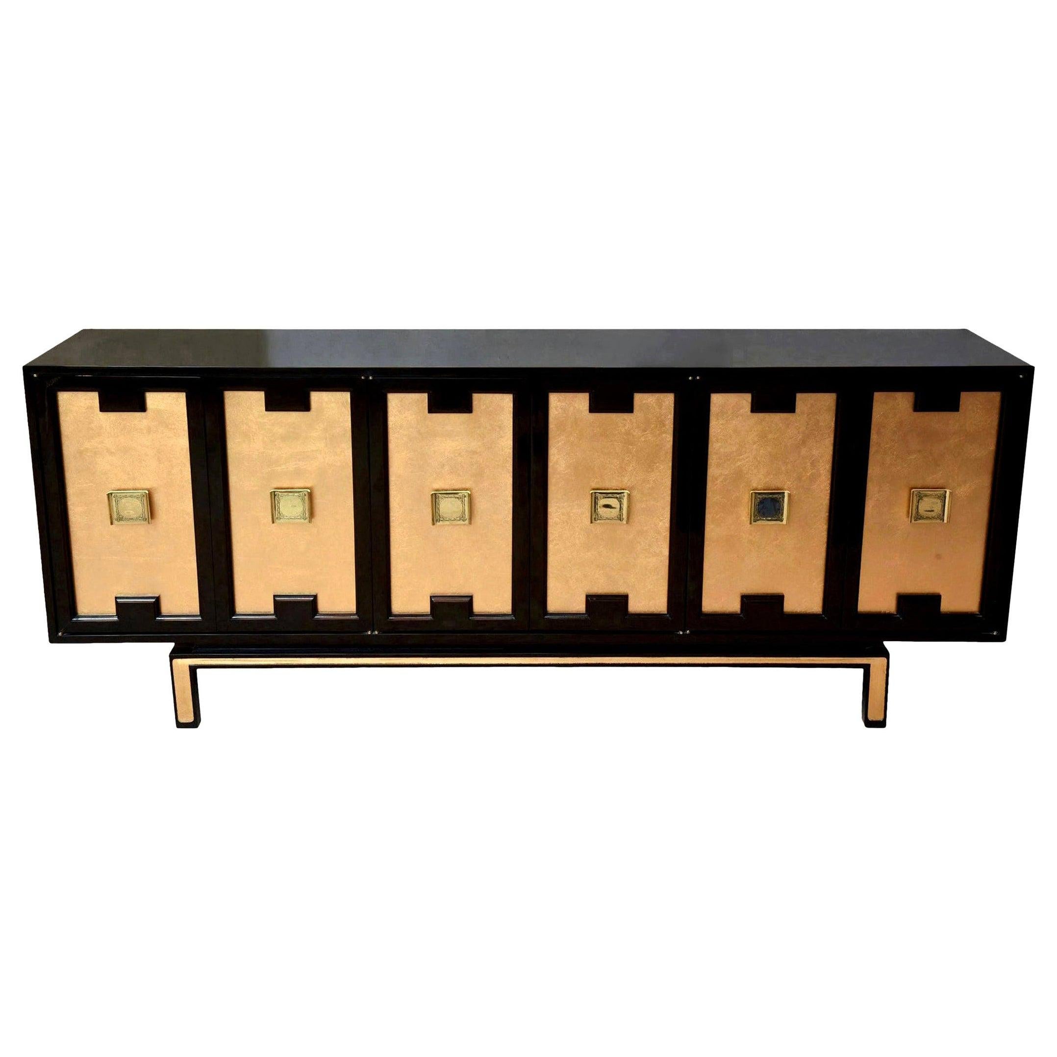 Lacquered Indigo Wood, Gold Leaf and Brass Cabinet, Credenza or Buffet Vintage