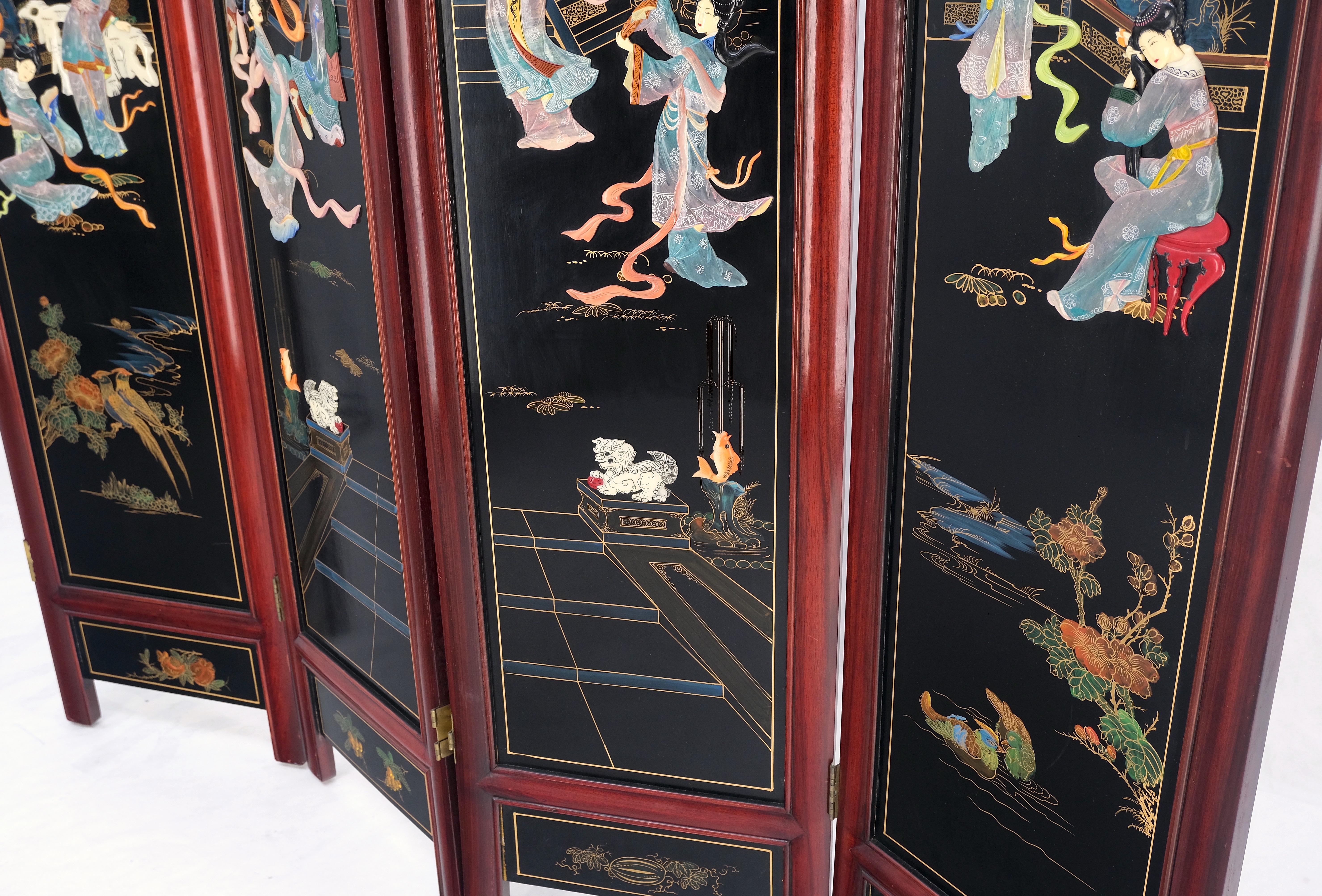 Lacquered Wood Mother of Pearl Chinese Oriental 4 Panel Room Divider Screen For Sale 2