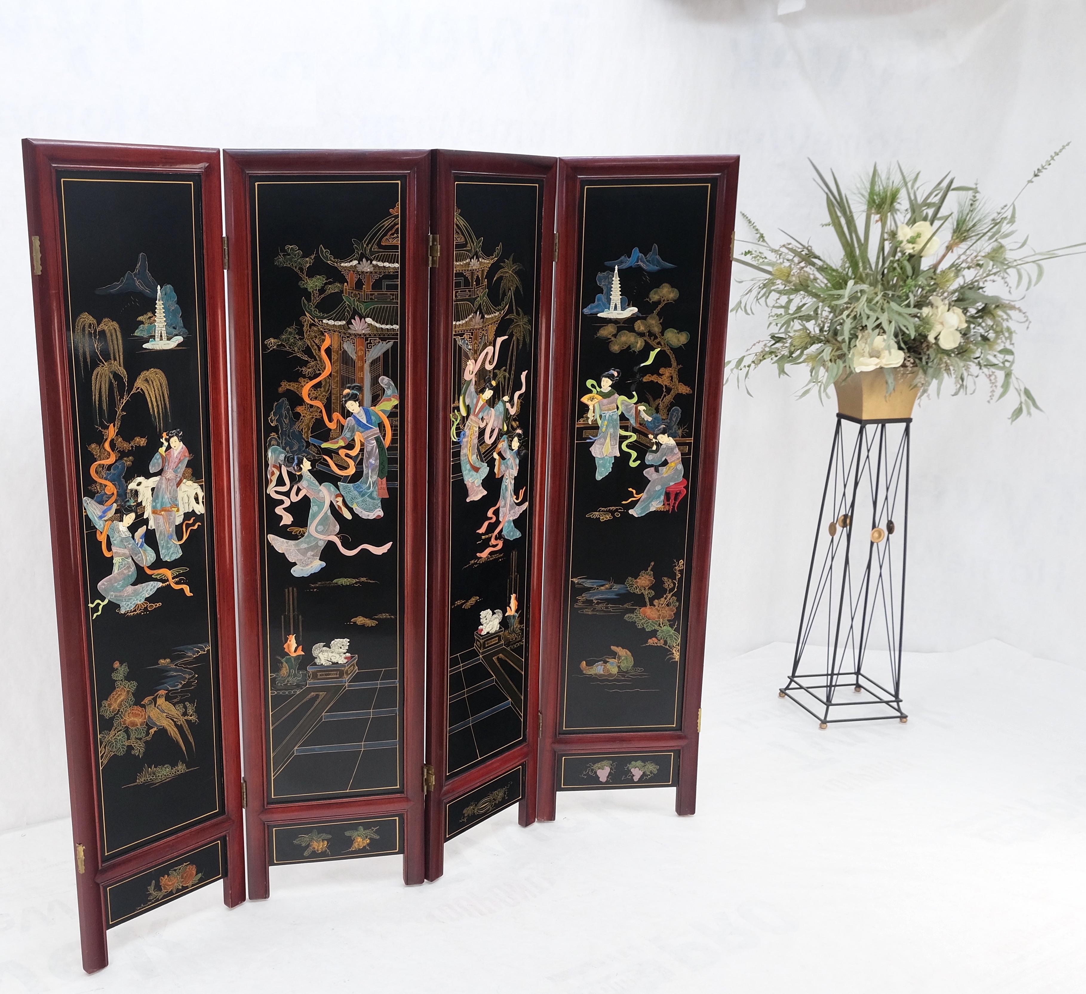 Lacquered Wood Mother of Pearl Chinese Oriental 4 Panel Room Divider Screen For Sale 6