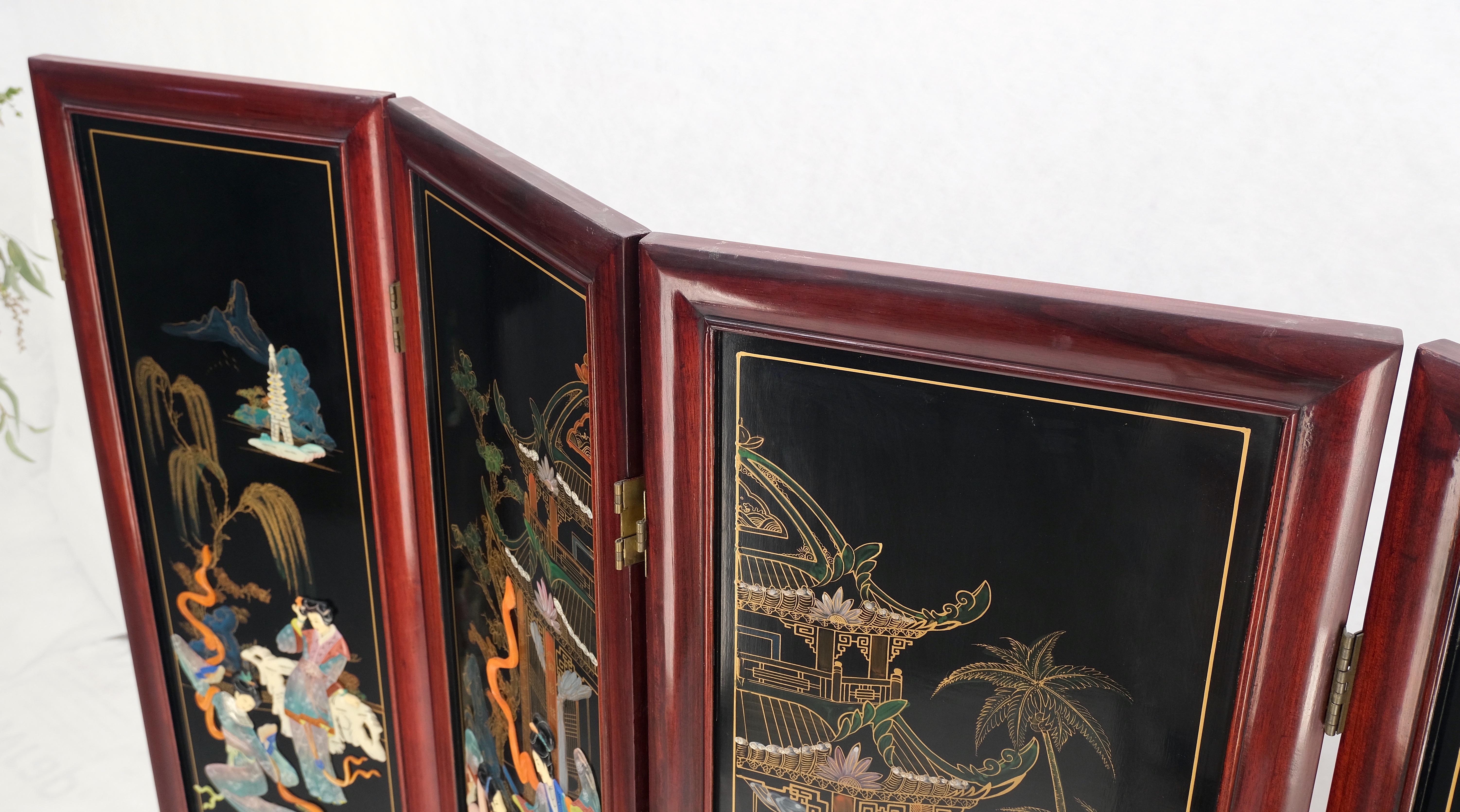 Paravent en bois laqué nacre oriental chinois à 4 panneaux en vente 3