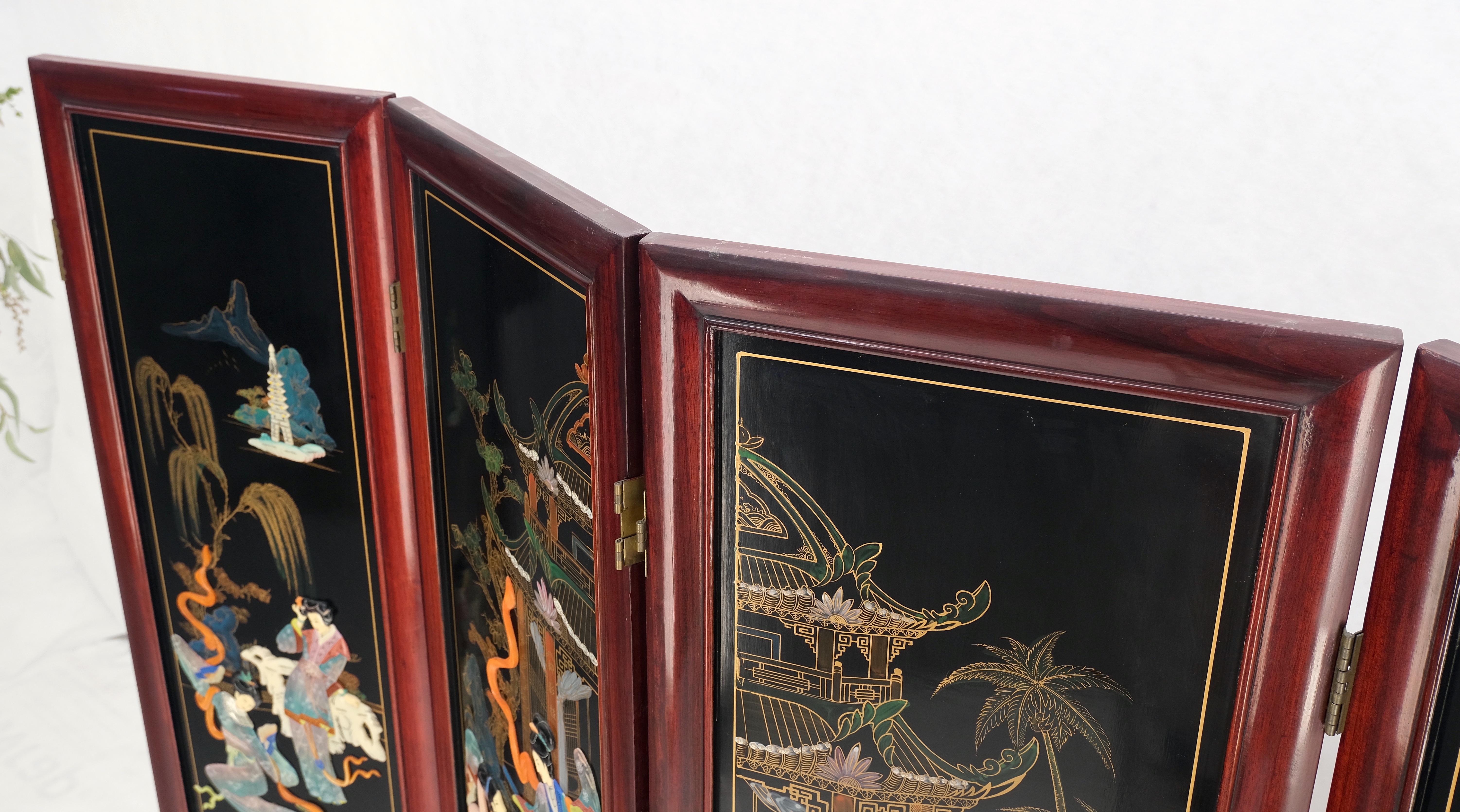 Lacquered Wood Mother of Pearl Chinese Oriental 4 Panel Room Divider Screen For Sale 4