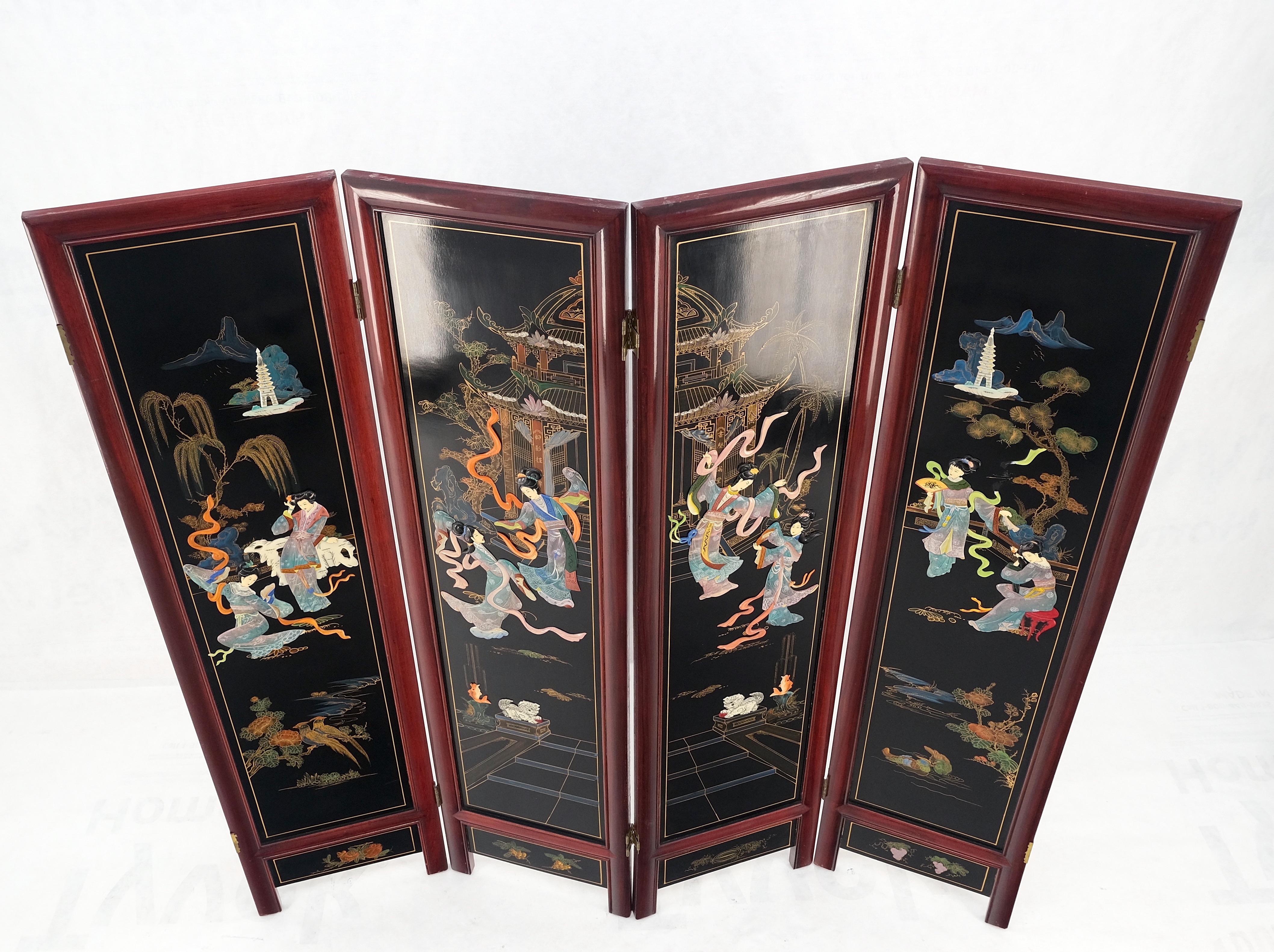 Lacquered Wood Mother of Pearl Chinese Oriental 4 Panel Room Divider Screen For Sale 7