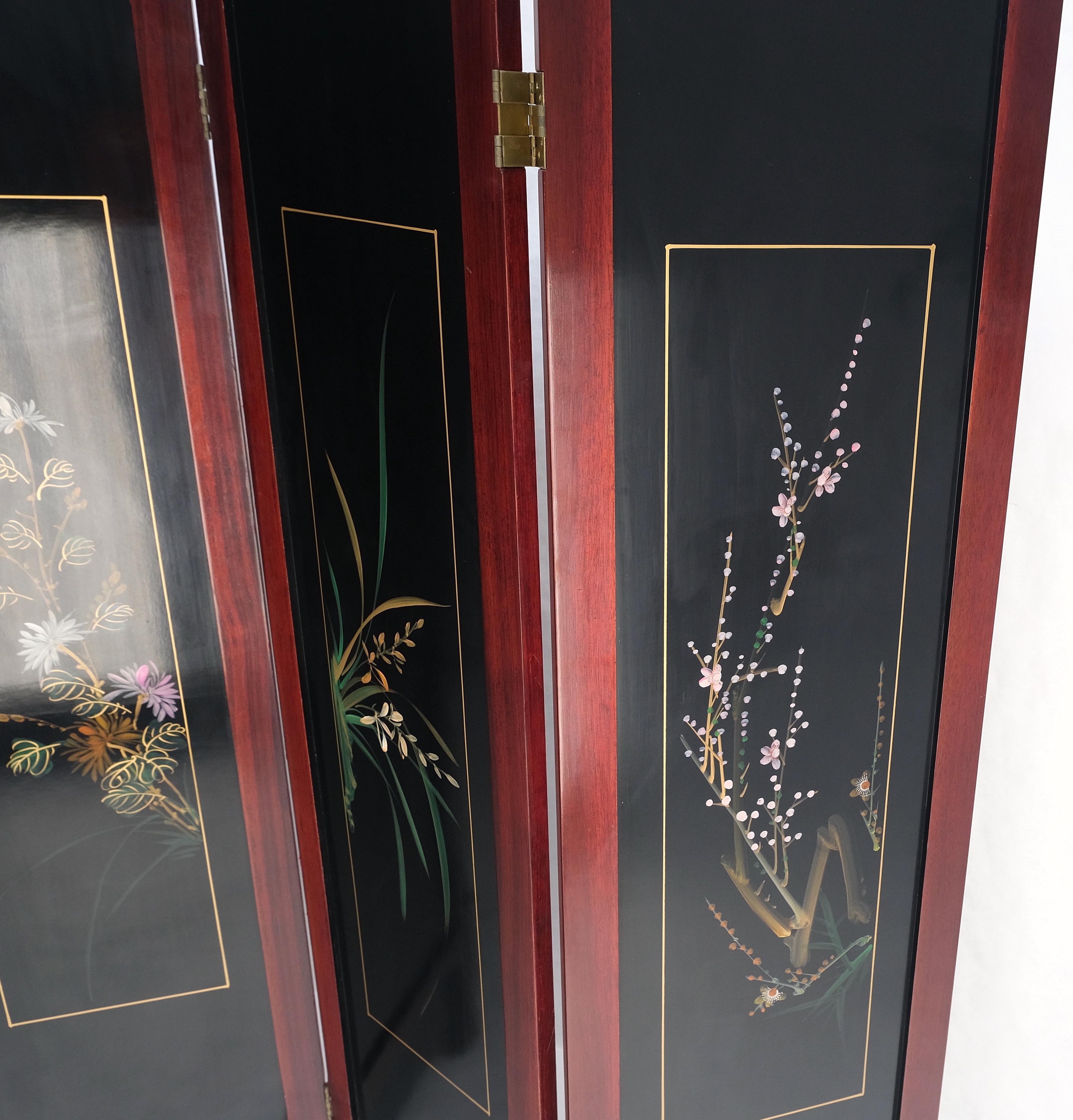 Hand-Painted Lacquered Wood Mother of Pearl Chinese Oriental 4 Panel Room Divider Screen For Sale
