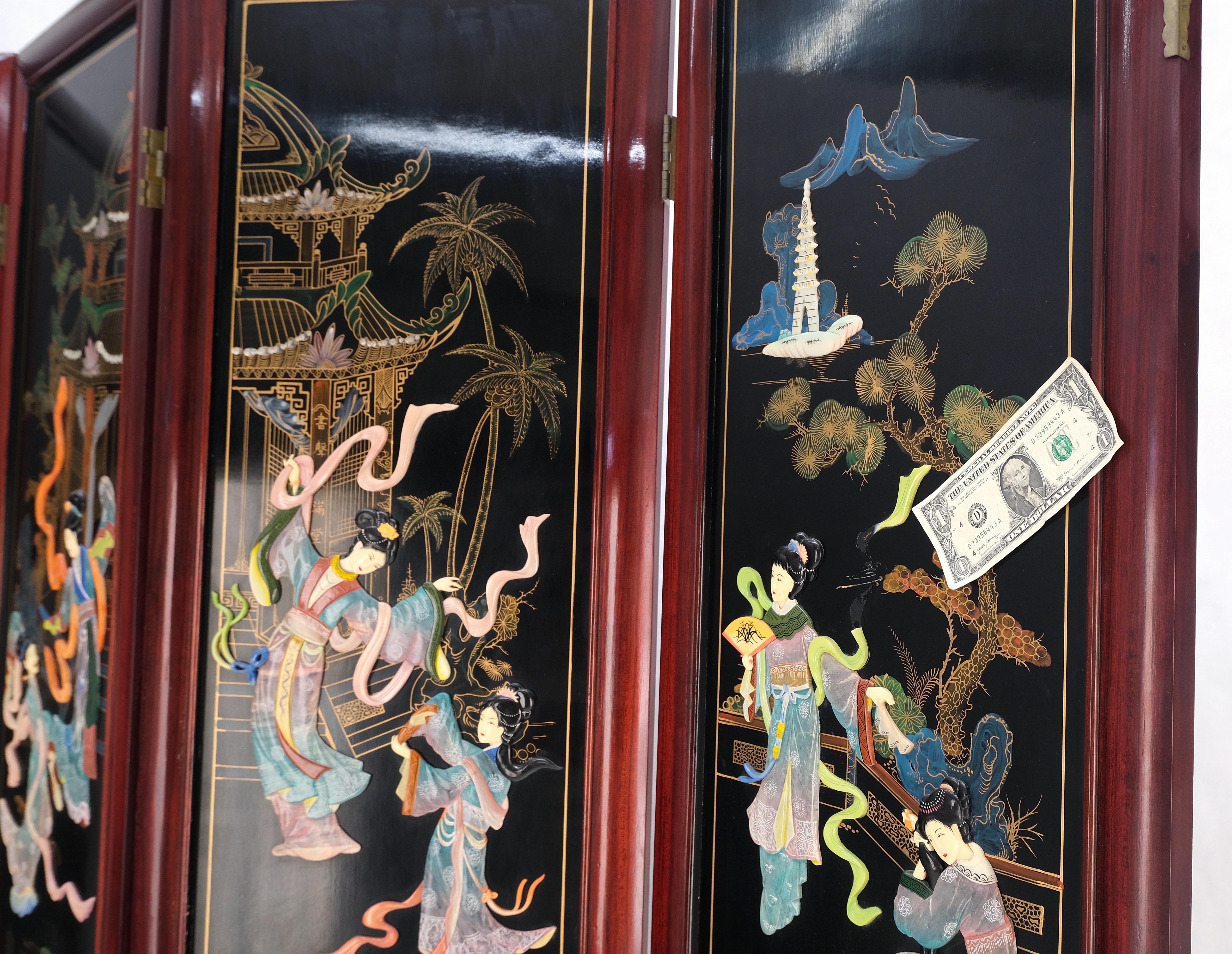 Hand-Painted Lacquered Wood Mother of Pearl Chinese Oriental 4 Panel Room Divider Screen For Sale