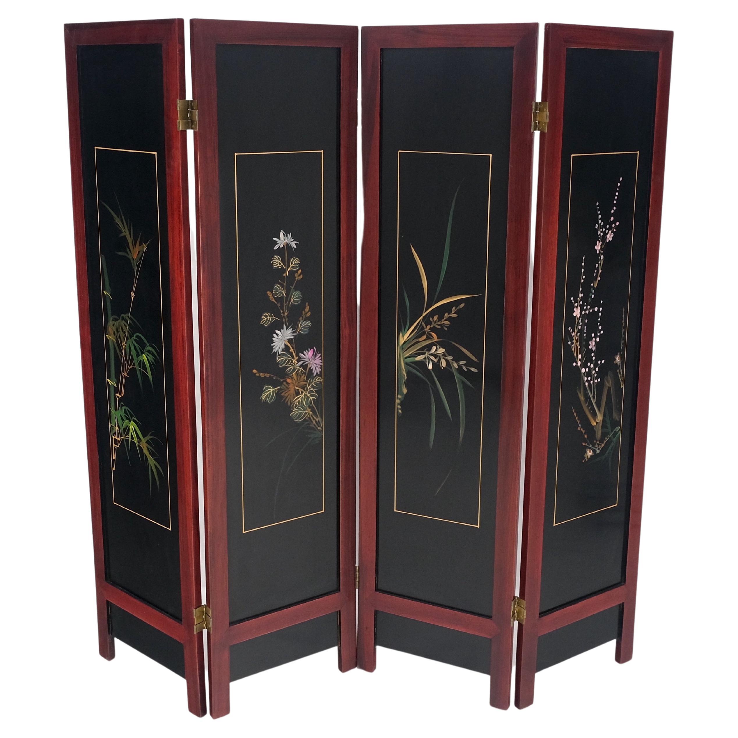 Lacquered Wood Mother of Pearl Chinese Oriental 4 Panel Room Divider Screen For Sale
