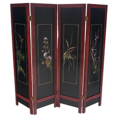 Lacquered Wood Mother of Pearl Chinese Oriental 4 Panel Room Divider Screen