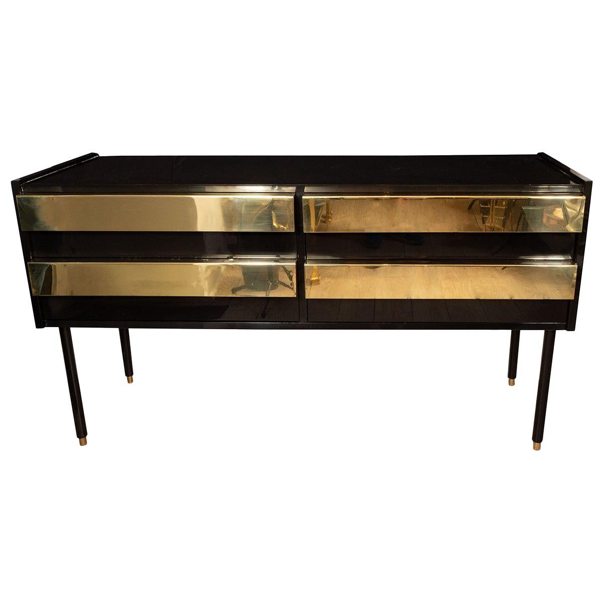 Lacquered Wood Sideboard with Large Brass Front Pulls For Sale