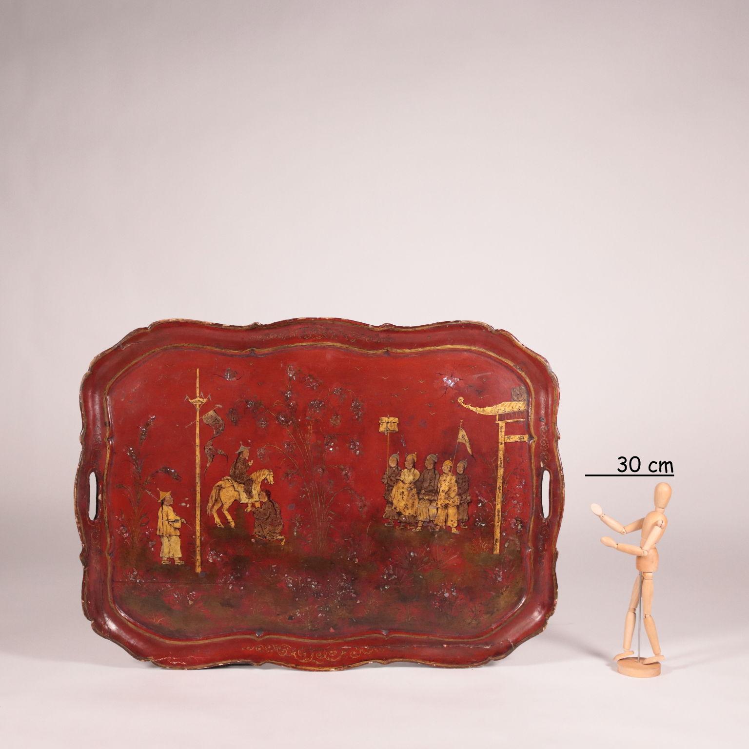 Big lacquered wood tray with gold decoration and mother of pearl inserts on a red base, the paintings recall Chinese officials.