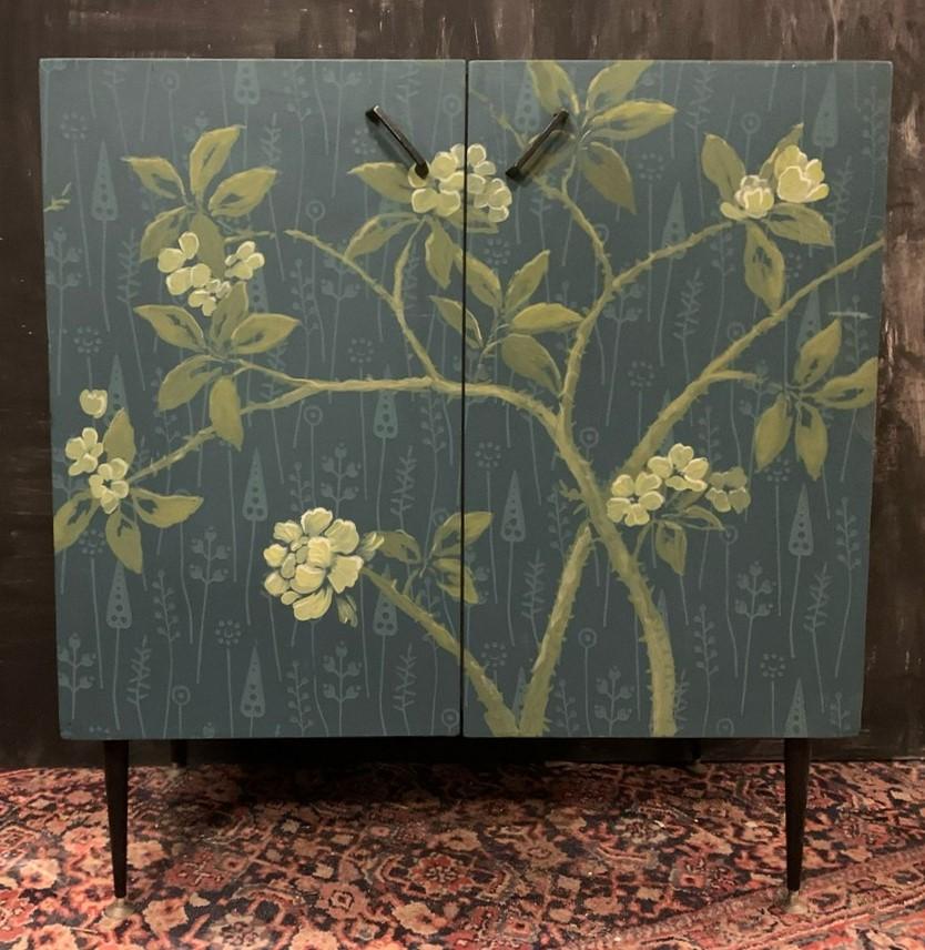 Hand-Painted Lacquered wooden cabinet with vintage floral paintings, Italy For Sale